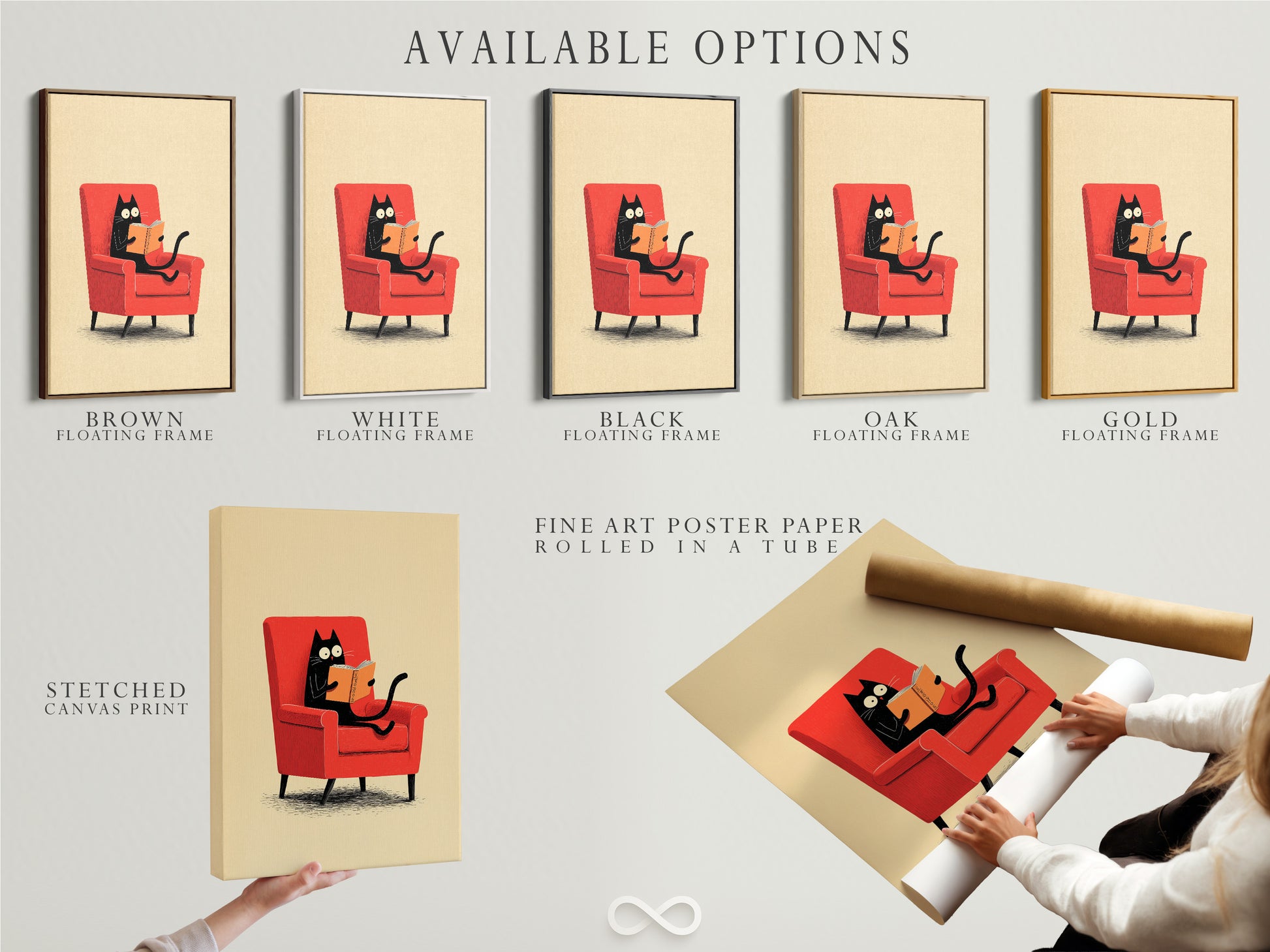 Available art print options include a stretched canvas print. Fine art poster paper and a floating frame are also displayed. Customize your artwork to suit your taste. Select the perfect option for your home.