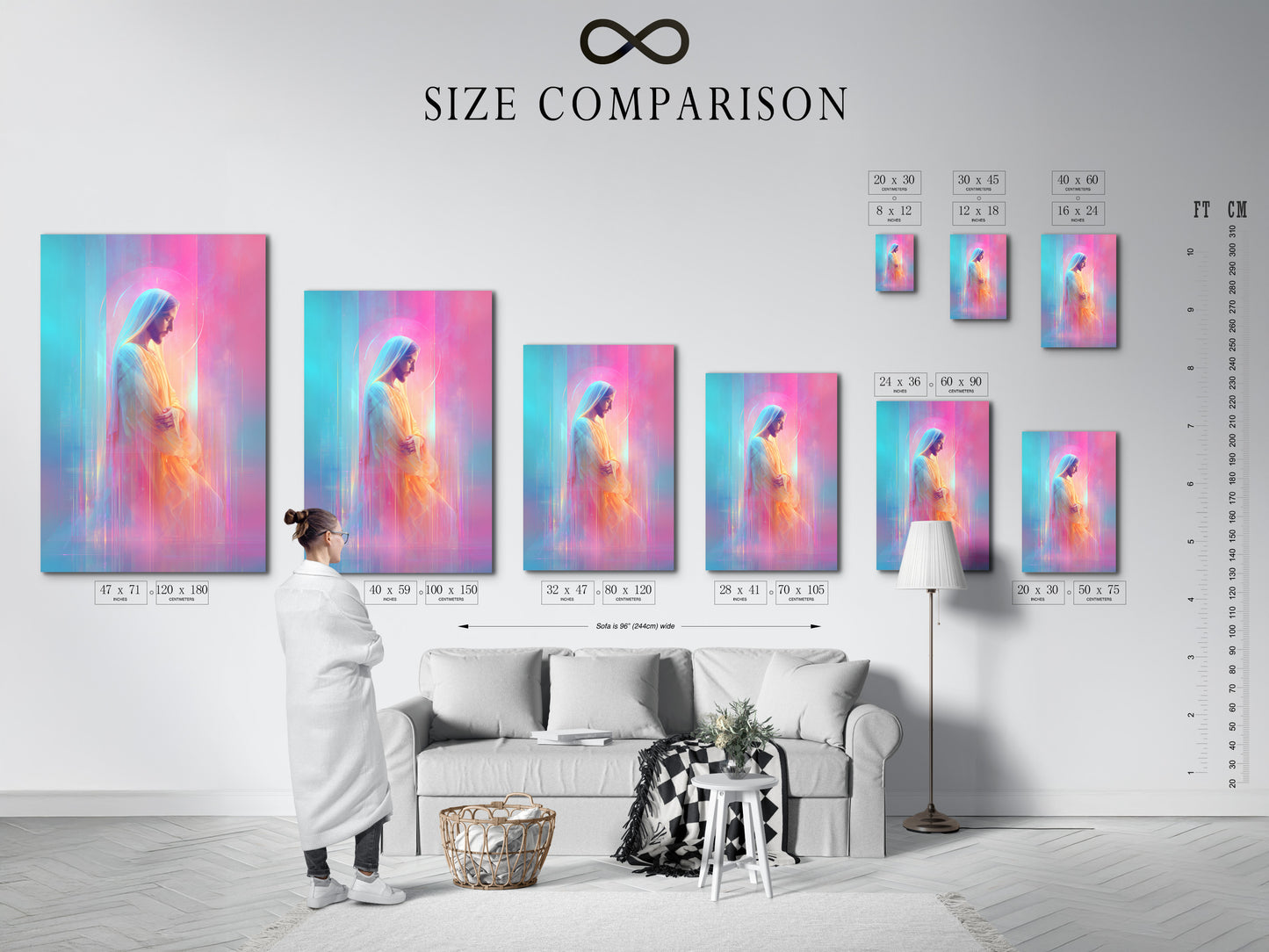 This size comparison chart is displayed in an interior setting. It helps customers visualize artwork dimensions. It provides a clear understanding of how different sizes will look. This ensures customers make informed choices for their spaces.