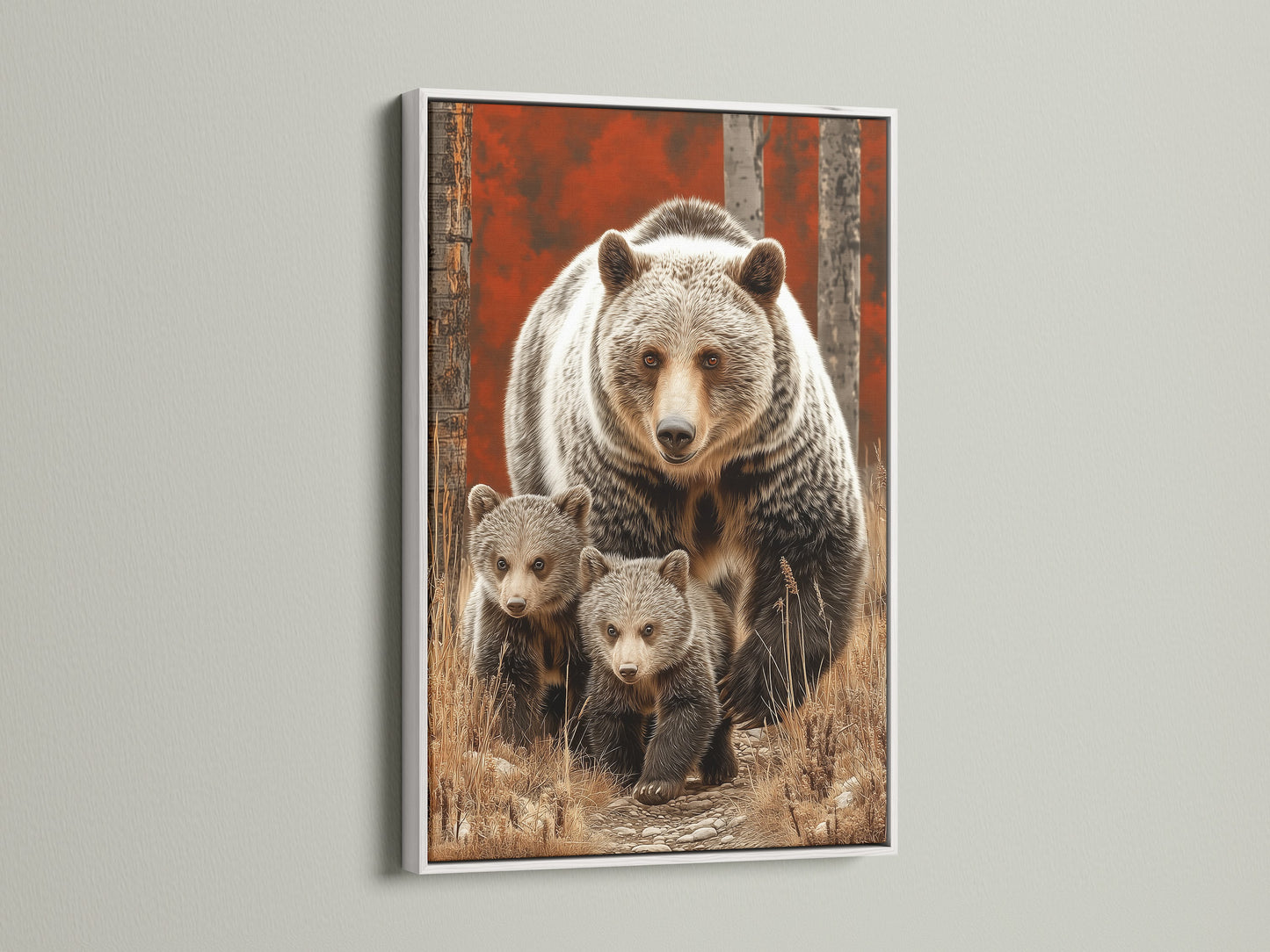 Grizzly Bear and cubs artwork in a white frame. A serene wildlife canvas art piece for nursery decor. Its neutral tone complements any interior. A charming addition to children's rooms and lodges.