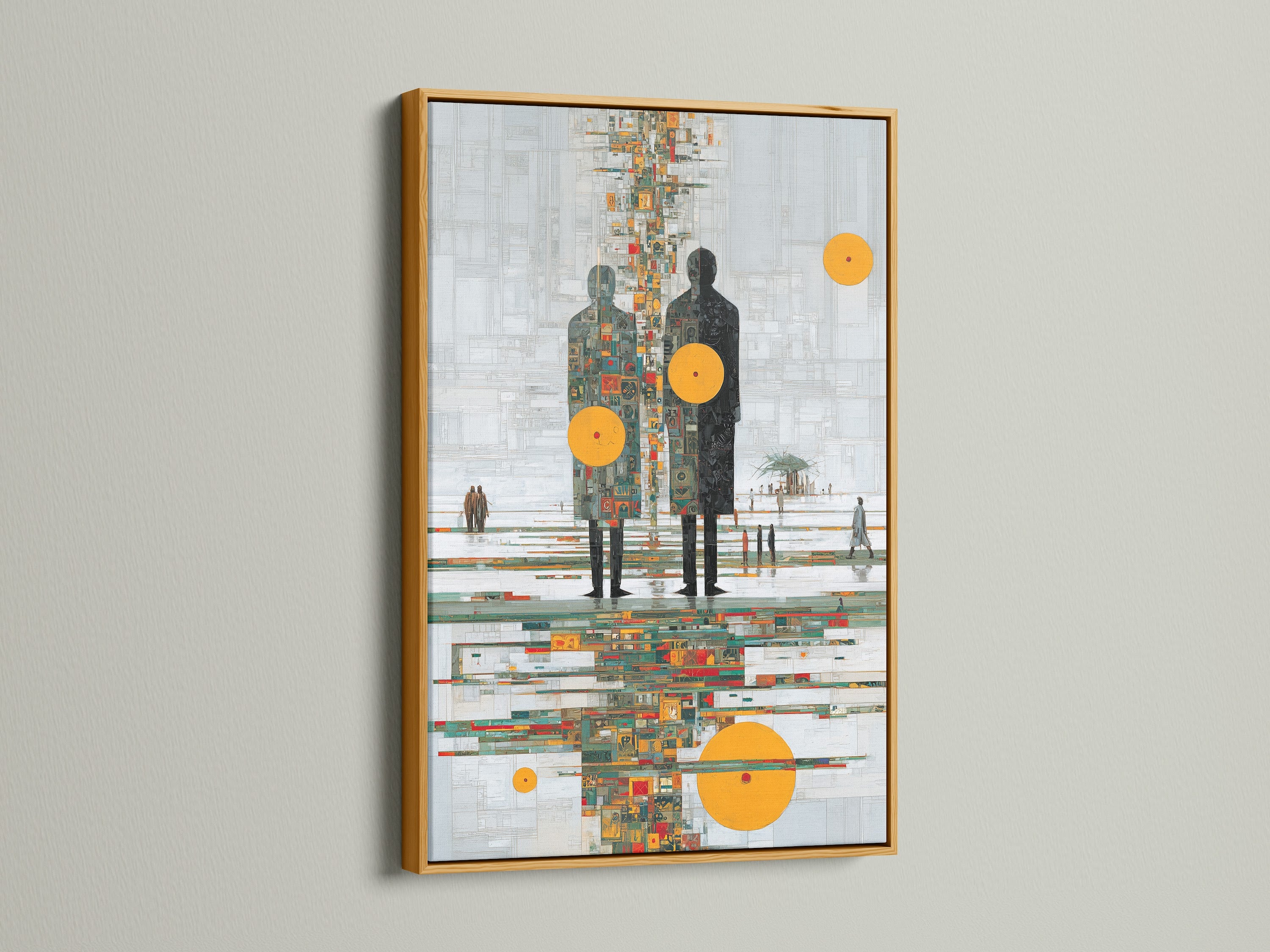 Gold frame highlighting abstract figures art. This contemporary canvas features human silhouettes and an orange circle. Perfect for modern art lovers. Enhance your office wall decor with this reflection print. This geometric abstract artwork adds a touch of luxury to any space.