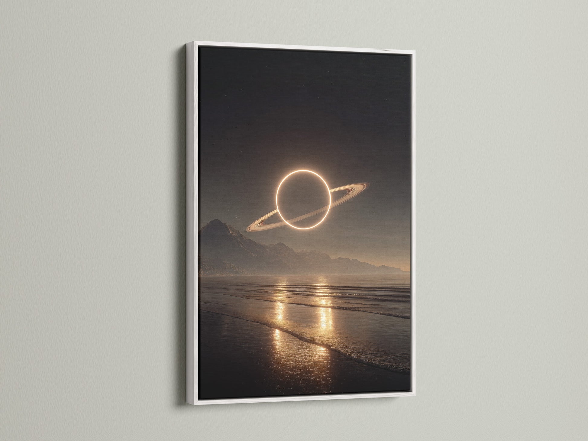 This artwork is presented in a clean white frame. The art features a planet over a serene beach at night. The white frame provides a modern and fresh look. It allows the artwork to stand out. Perfect for minimalist interiors.