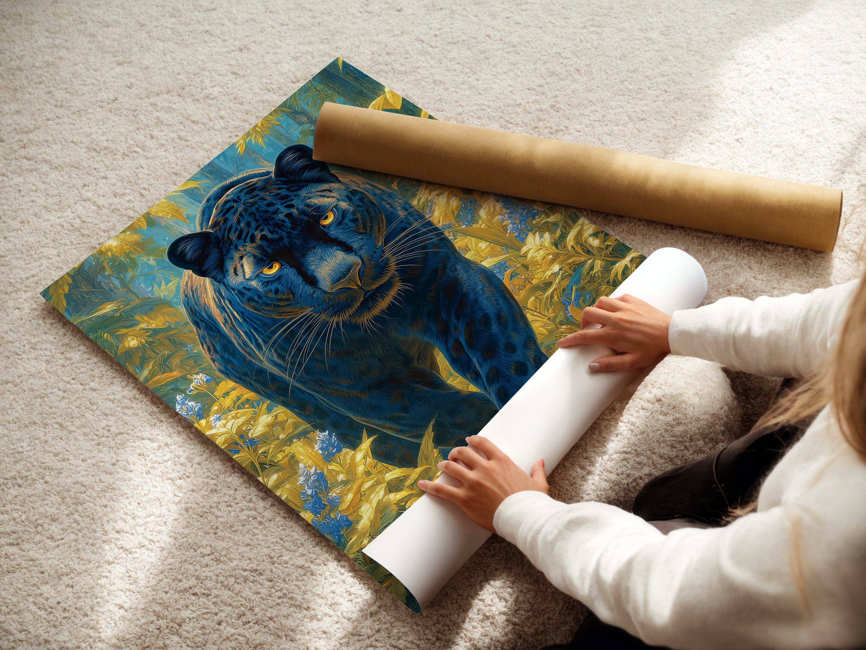 A woman rolling a fine art poster paper featuring the Black Panther artwork. The teal and gold animal artwork is printed on high-quality paper. This panther art is perfect for framing or displaying as is. The jungle canvas makes a statement.