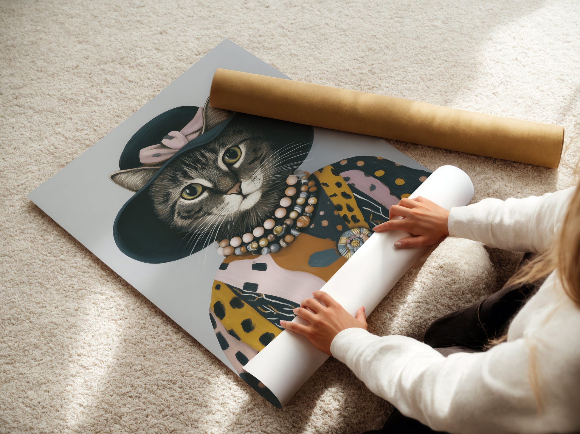 A woman is carefully rolling a fine art poster paper. She is preparing a vintage cat portrait art print. This whimsical animal wall art is ready to be displayed. It is perfect for adding to bohemian styles.