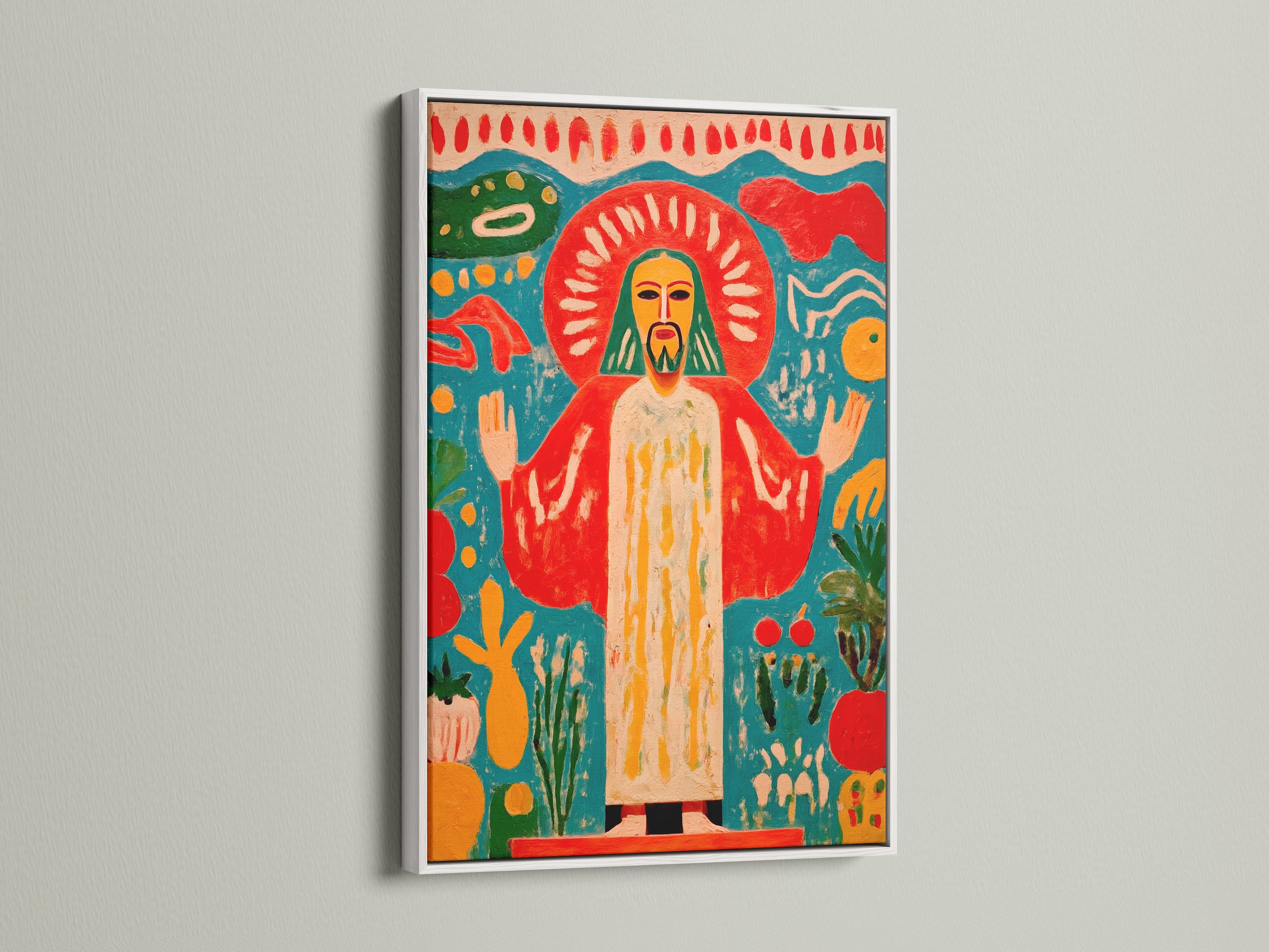 Religious wall art in a white frame. The sacred heart art is a vibrant addition. This spiritual decor piece offers colorful canvas art. This folk religious art is perfect for bedroom wall art. It is devotional artwork.