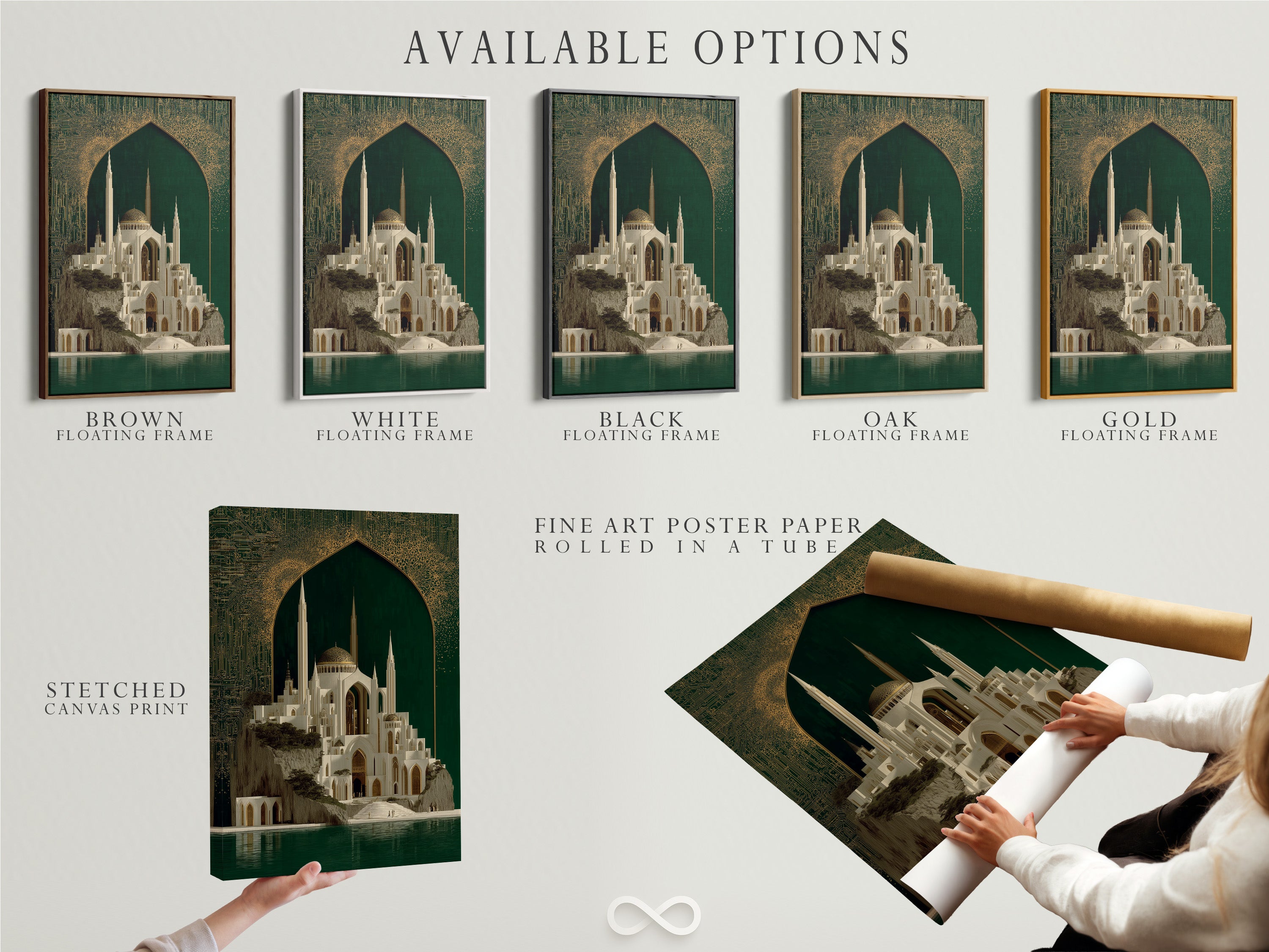 Available options are showcased including a stretched canvas print fine art poster paper and a floating frame. The Islamic Architecture Artwork features emerald green and gold details. Select the perfect format to enhance your home with this exquisite piece of middle eastern art.