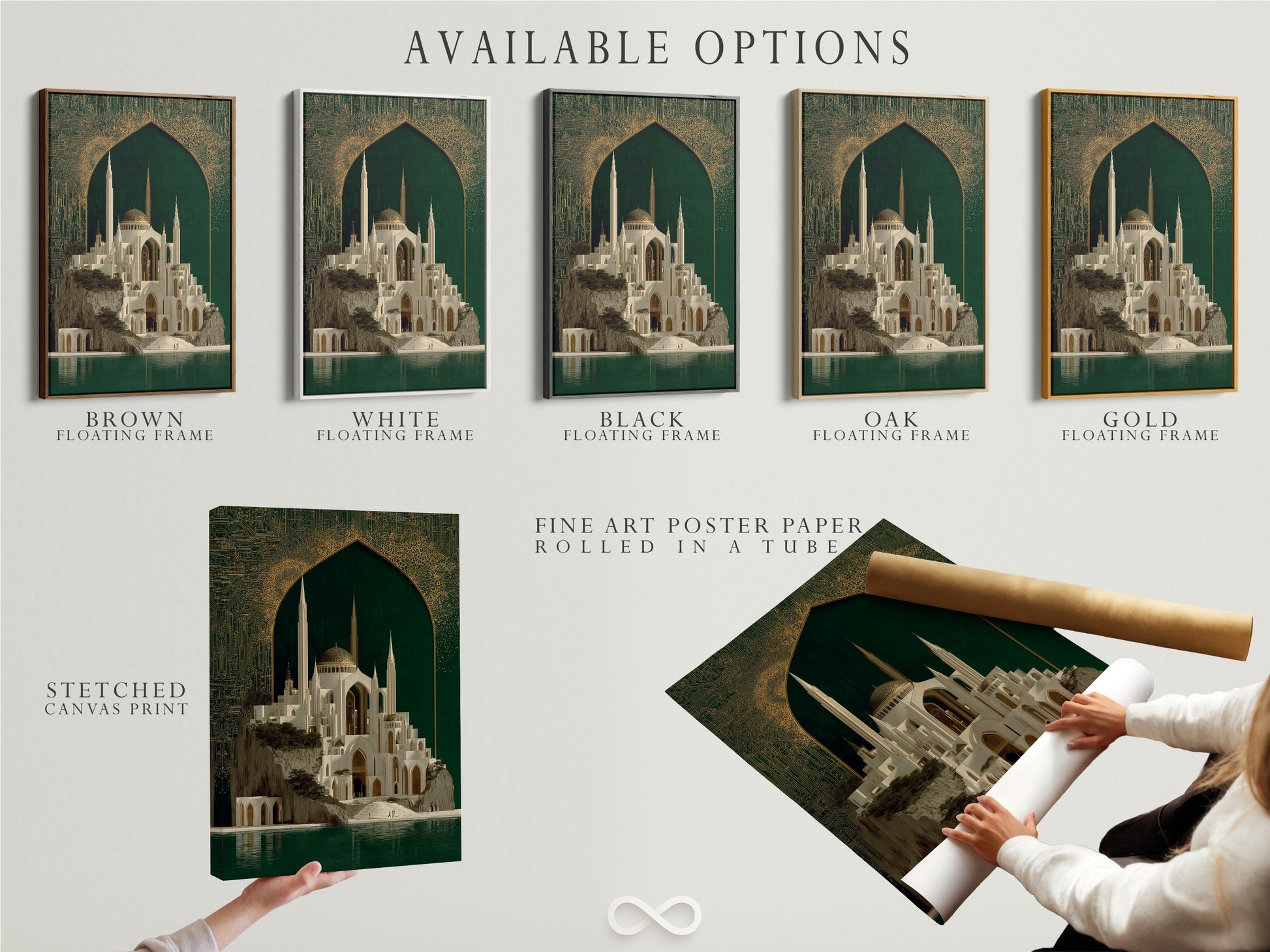 Available options are showcased including a stretched canvas print fine art poster paper and a floating frame. The Islamic Architecture Artwork features emerald green and gold details. Select the perfect format to enhance your home with this exquisite piece of middle eastern art.