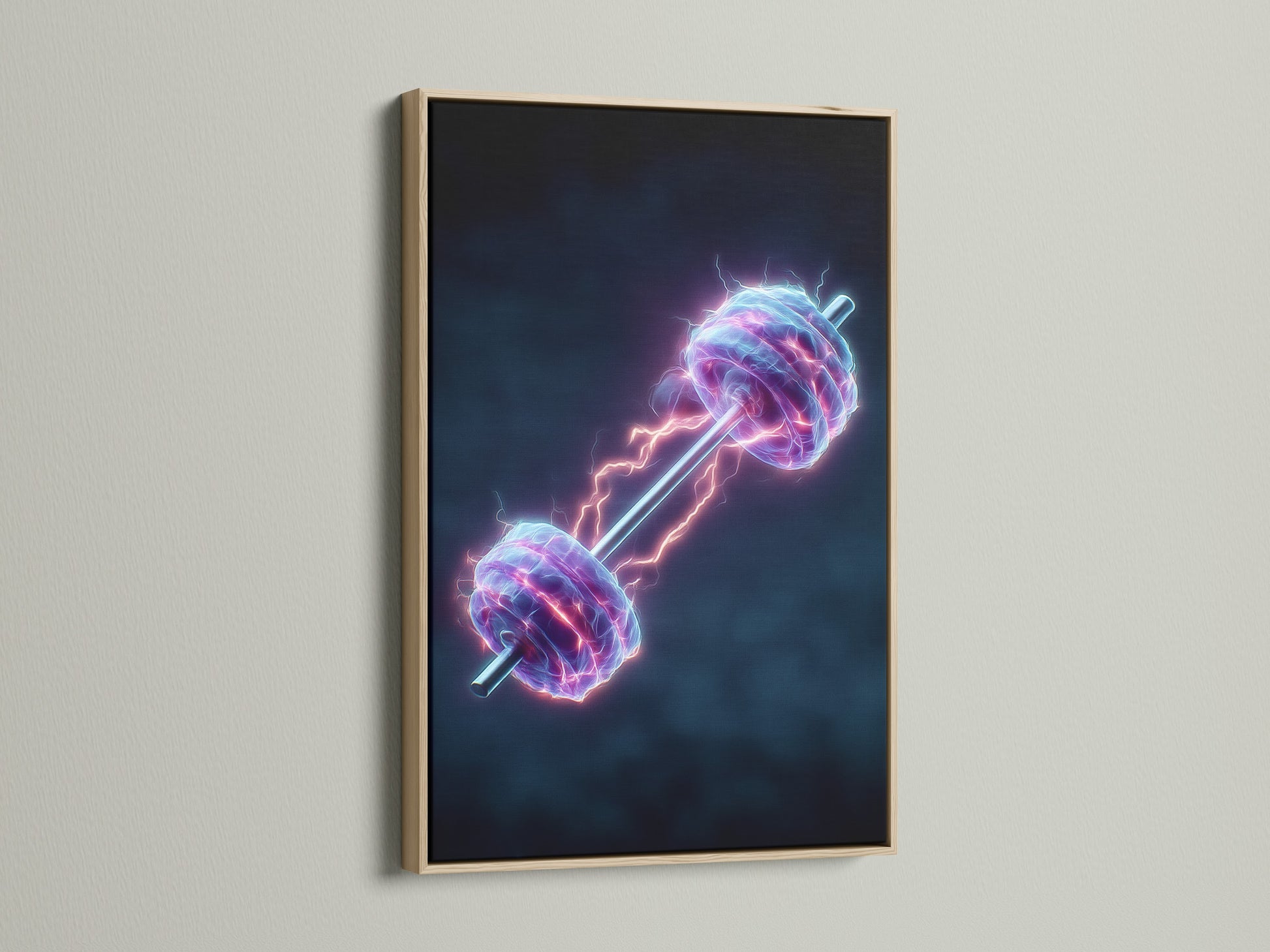 Neon Dumbbell fitness wall artwork in an oak frame. The electric art enhances any home gym decor. Get workout motivation with this unique dumbbell print. The oak frame adds a natural touch to the contemporary artwork. It is ideal for fitness enthusiasts.