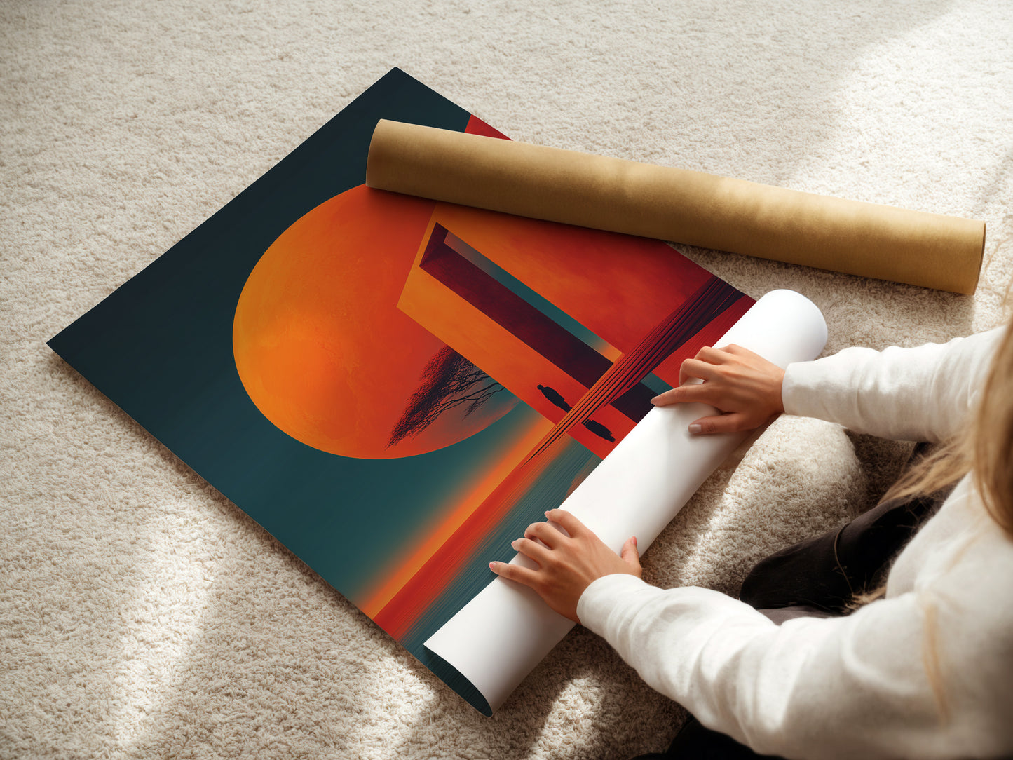 A woman is carefully rolling a fine art poster paper. The poster features an abstract sunset design. The modern geometric art is printed on high-quality paper. The coral orange colors are vibrant. This fine art poster is perfect for framing. Ideal for art lovers seeking elegant decor. Bring contemporary style to your home or office with this print.