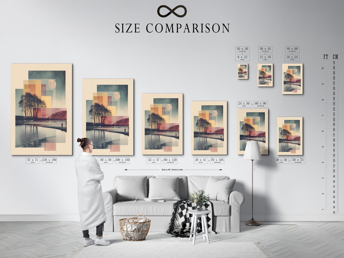 Size comparison chart in interior. This chart shows the different sizes of artwork available. You can choose the perfect size for your space. This chart helps you visualize how the artwork will look in your home.