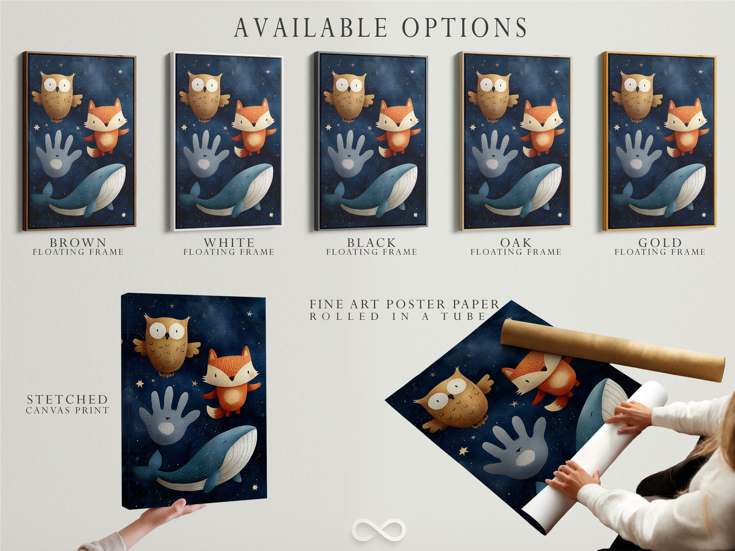 Available art print options displayed together. Options include a stretched canvas a fine art poster and a floating frame. Customize your artwork to fit your style. Explore all our available options today.