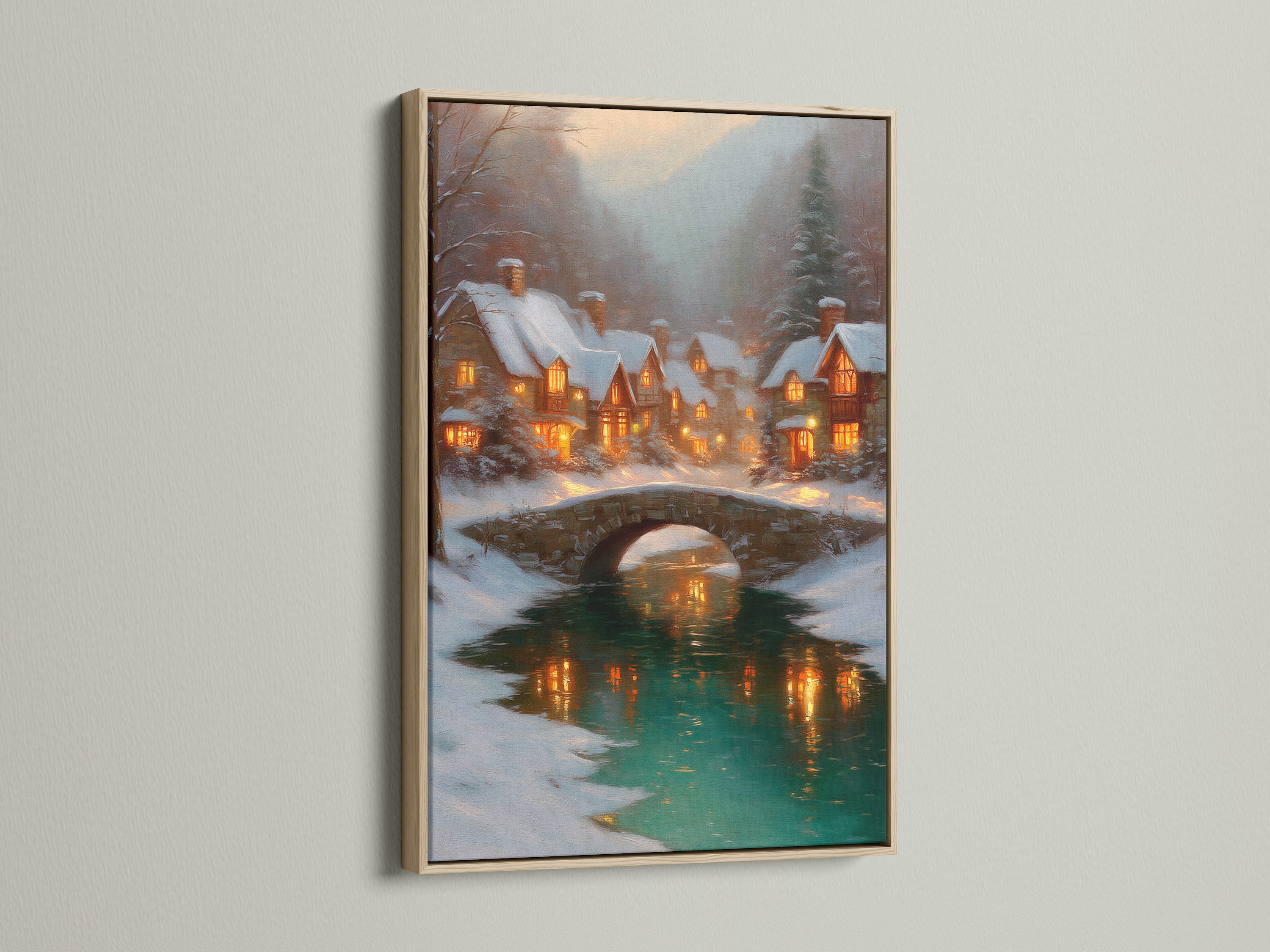 Winter Village artwork in an oak frame. The snowy cottage print features a charming bridge landscape. Perfect for rustic farmhouse or holiday decor. This cozy cabin art brings a warm ambiance to any space. A beautiful winter scene print.