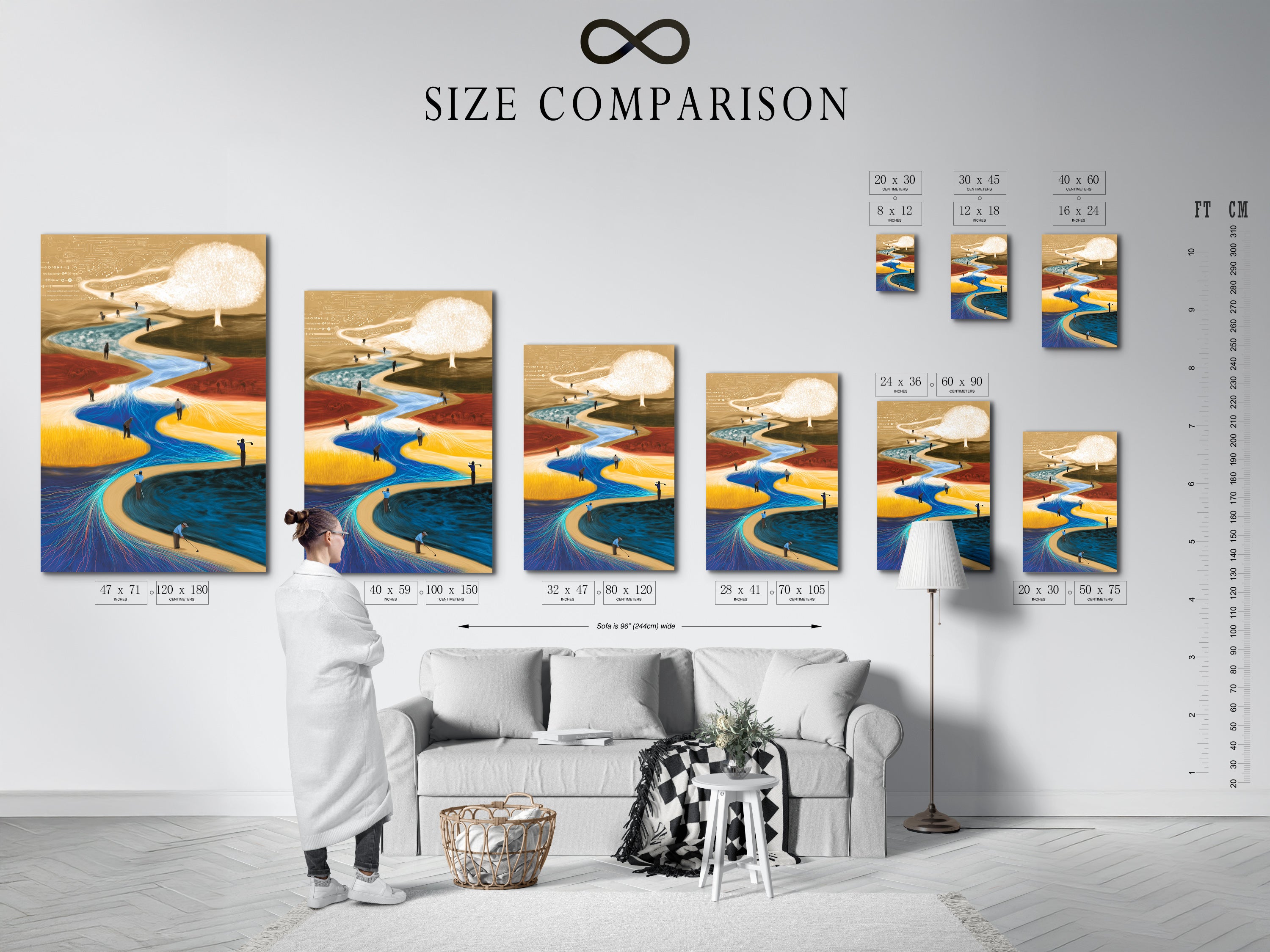 Size comparison chart in an interior setting. Showing various sizes of surreal landscape artwork. Abstract dreamscape wall art options. Find the perfect contemporary flowing art for your space. See the size differences.