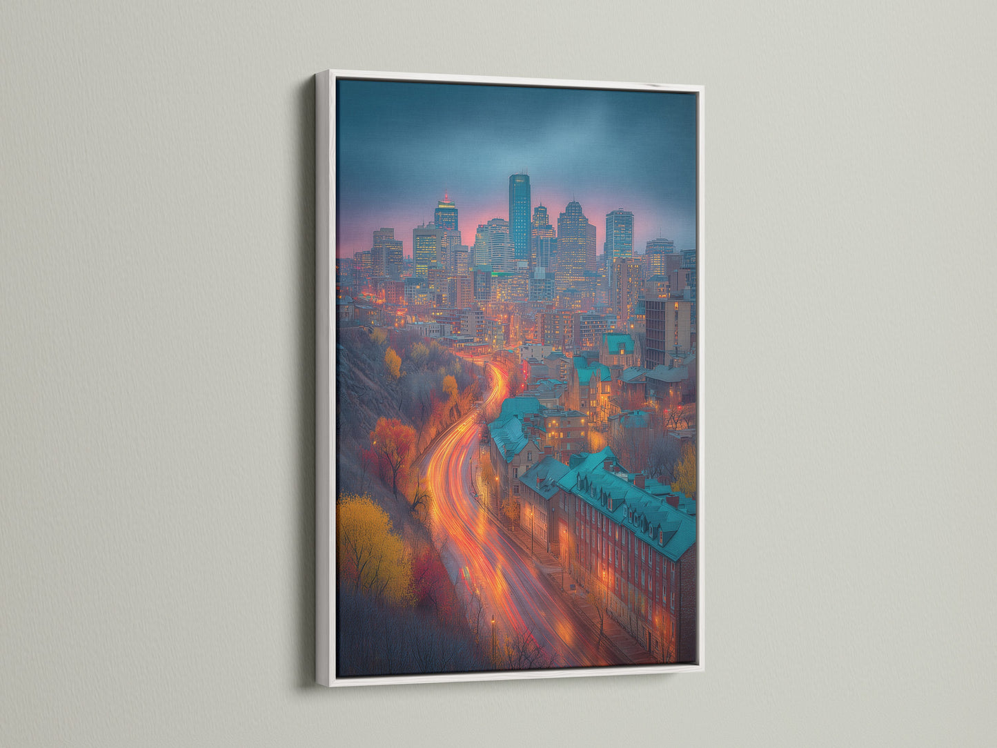 Urban photography showcased in a white frame. The cityscape wall art features a skyline canvas with teal and orange tones. This office artwork adds a modern touch. The white frame complements any interior style. A perfect city print
