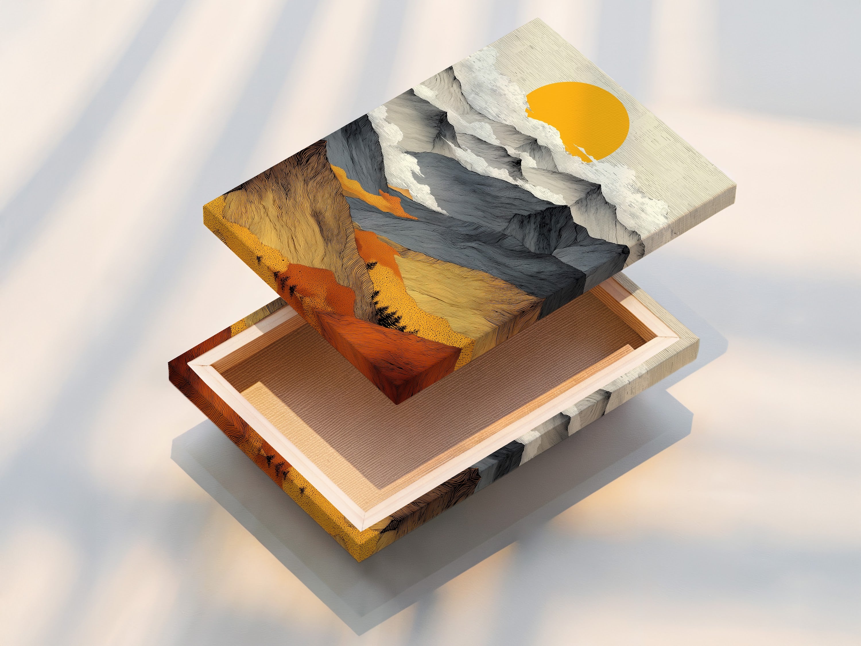 The stretched canvas print displays a captivating mountain sunrise. The abstract landscape artwork is ready to hang. The golden sun adds warmth to any room. This nature wall art is stretched for a clean look. The canvas print brings earth tones to your decor. Transform your space with this stunning artwork.