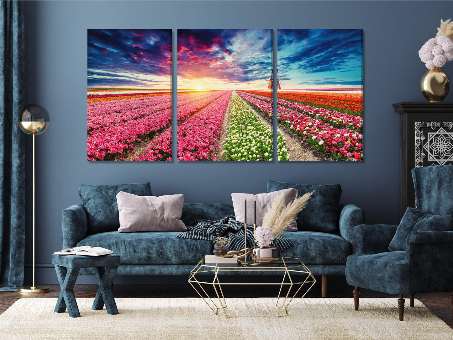 Tulip Field Sunset Canvas Print – Vibrant Flower Landscape Wall Art, Dutch Windmill Scenery, Colorful Floral Decor for Living Room