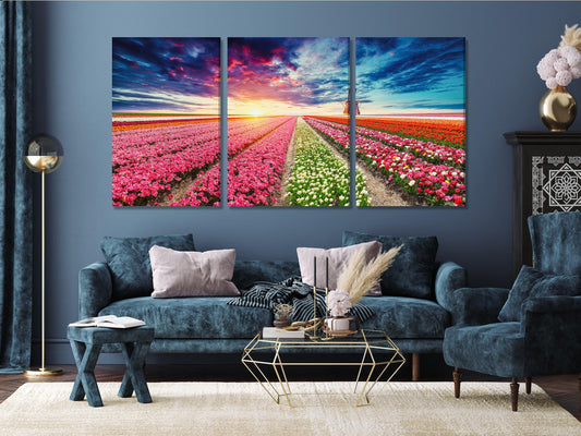 튤립밭 일몰 캔버스 프린트 - 생동감 넘치는 꽃 풍경 벽 예술, 네덜란드 풍차 풍경, 거실을 위한 다채로운 꽃 장식