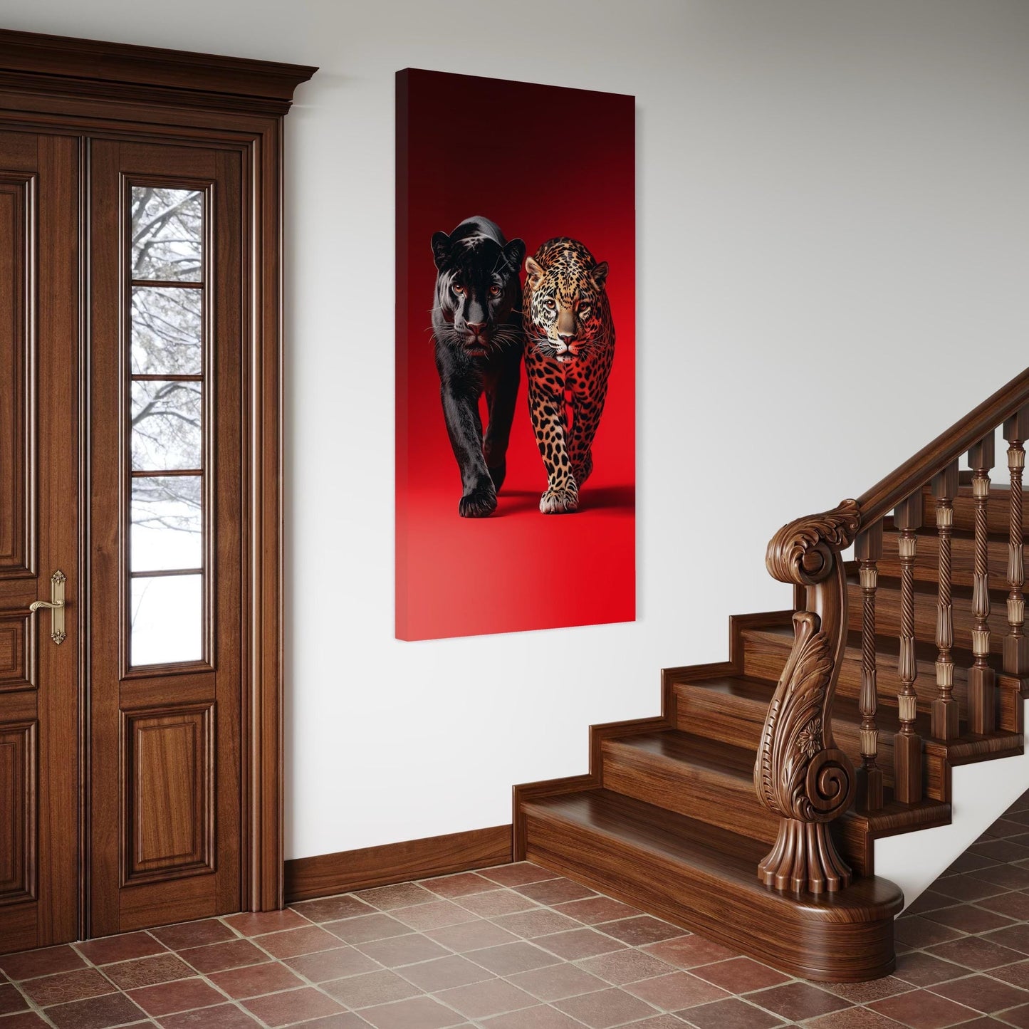 Black Panther & Leopard Wall Art - Vibrant Red Wildlife Canvas Art, Contemporary Art Print, Wildlife Photography Print, Wild Big Cat Art
