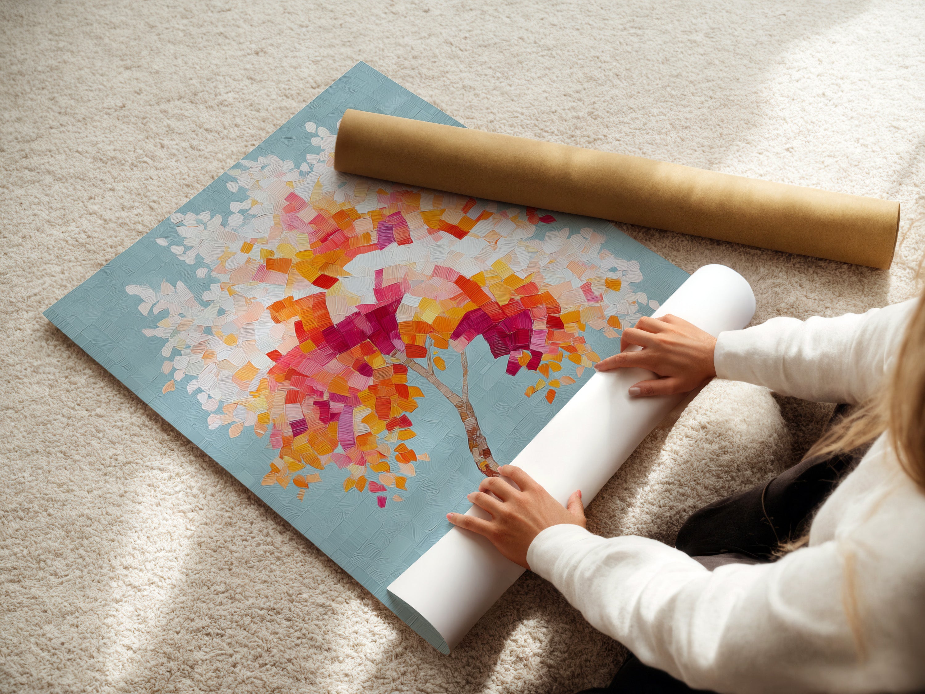 A woman is carefully rolling a fine art poster paper. She is preparing the colorful tree artwork for framing. This mosaic wall art will soon adorn a wall. The abstract tree print is handled with care. Quality and precision are evident in every step.