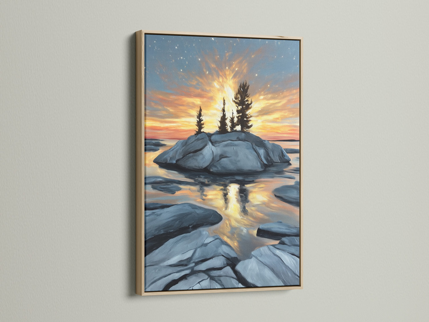 Coastal Sunset canvas print in an oak frame. This serene landscape art captures a golden hour seascape. Ideal ocean wall art for homeowners and interior decorators seeking coastal decor. A calming serene wall art