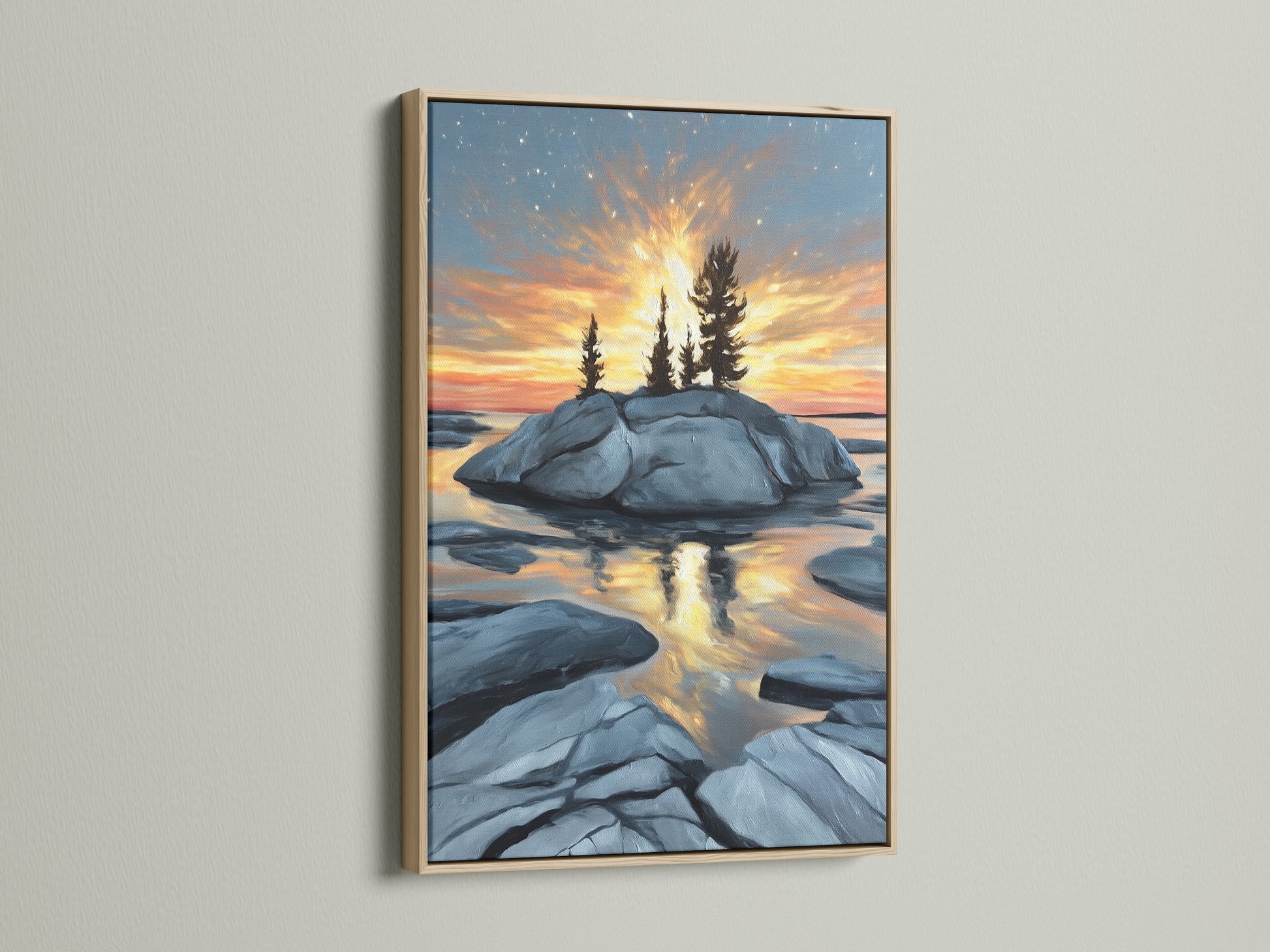 Coastal Sunset canvas print in an oak frame. This serene landscape art captures a golden hour seascape. Ideal ocean wall art for homeowners and interior decorators seeking coastal decor. A calming serene wall art