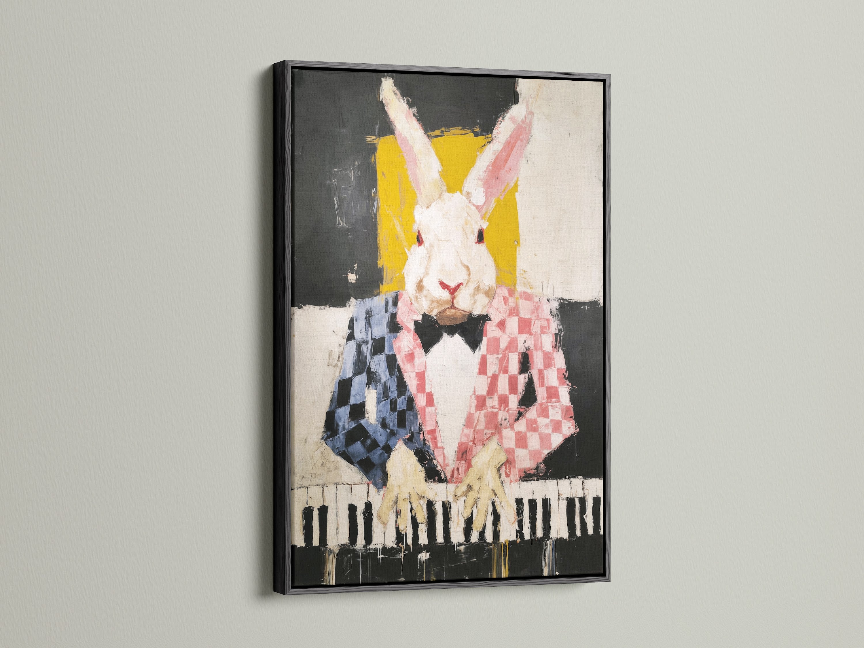 The rabbit pianist artwork is striking in a black frame. This abstract animal art piece makes a bold statement. The black frame accentuates the colorful rabbit print. Perfect for adding a touch of contemporary art to your space. This animal musician art is ideal for office wall decor.