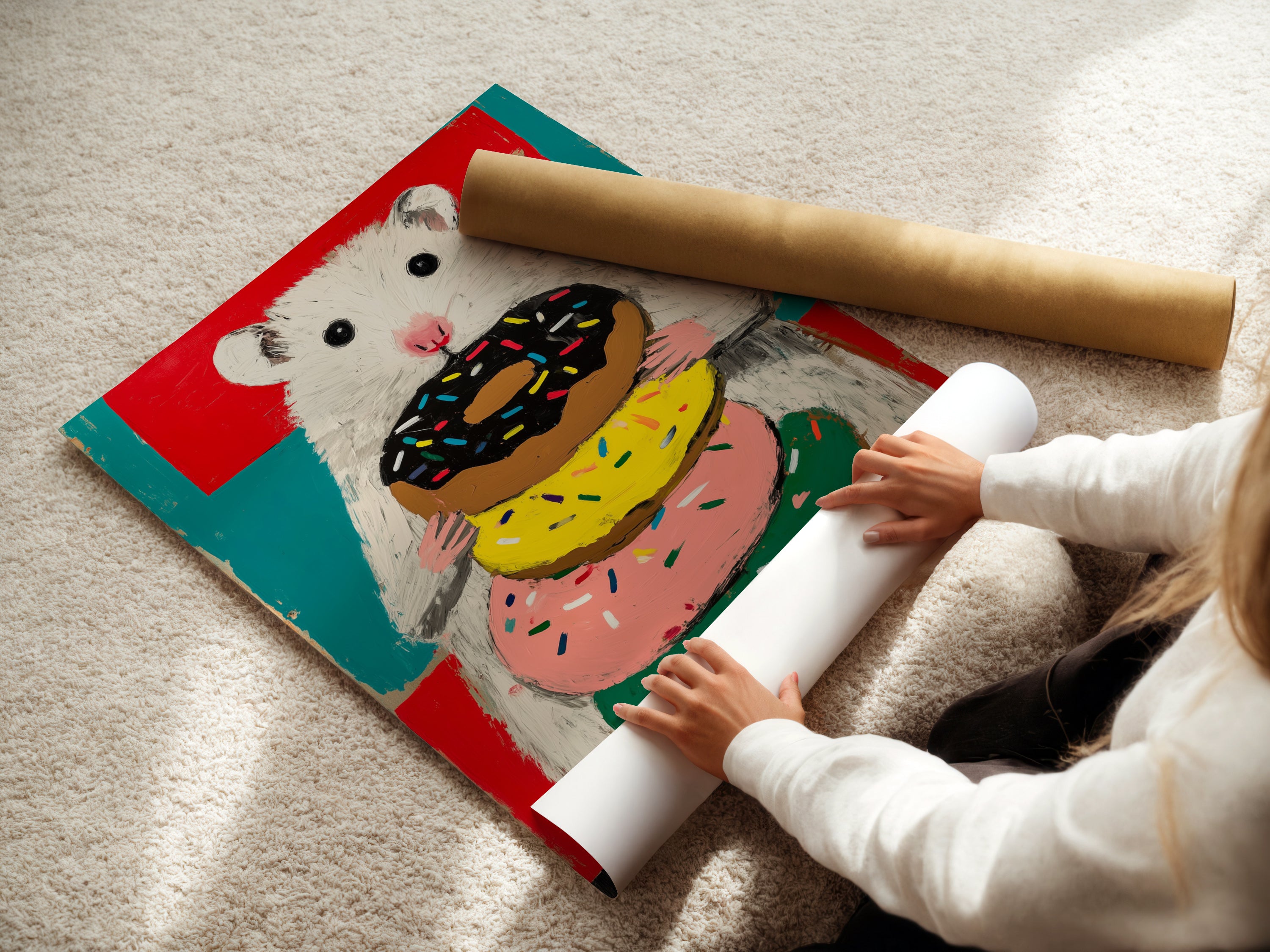 Woman rolling a fine art poster paper. This donut art print is ideal for adding color and charm to your space. It is a unique addition to a pet-themed space. This is children room art.