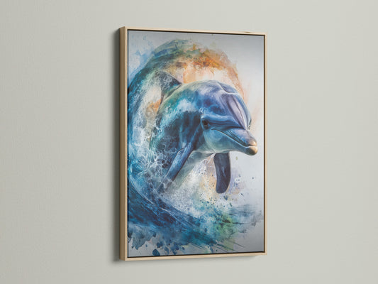 The image shows an oak frame. The framed artwork of a dolphin is displayed on a wall. The frame enhances the artwork. It adds a touch of nature to any room. Get yours today