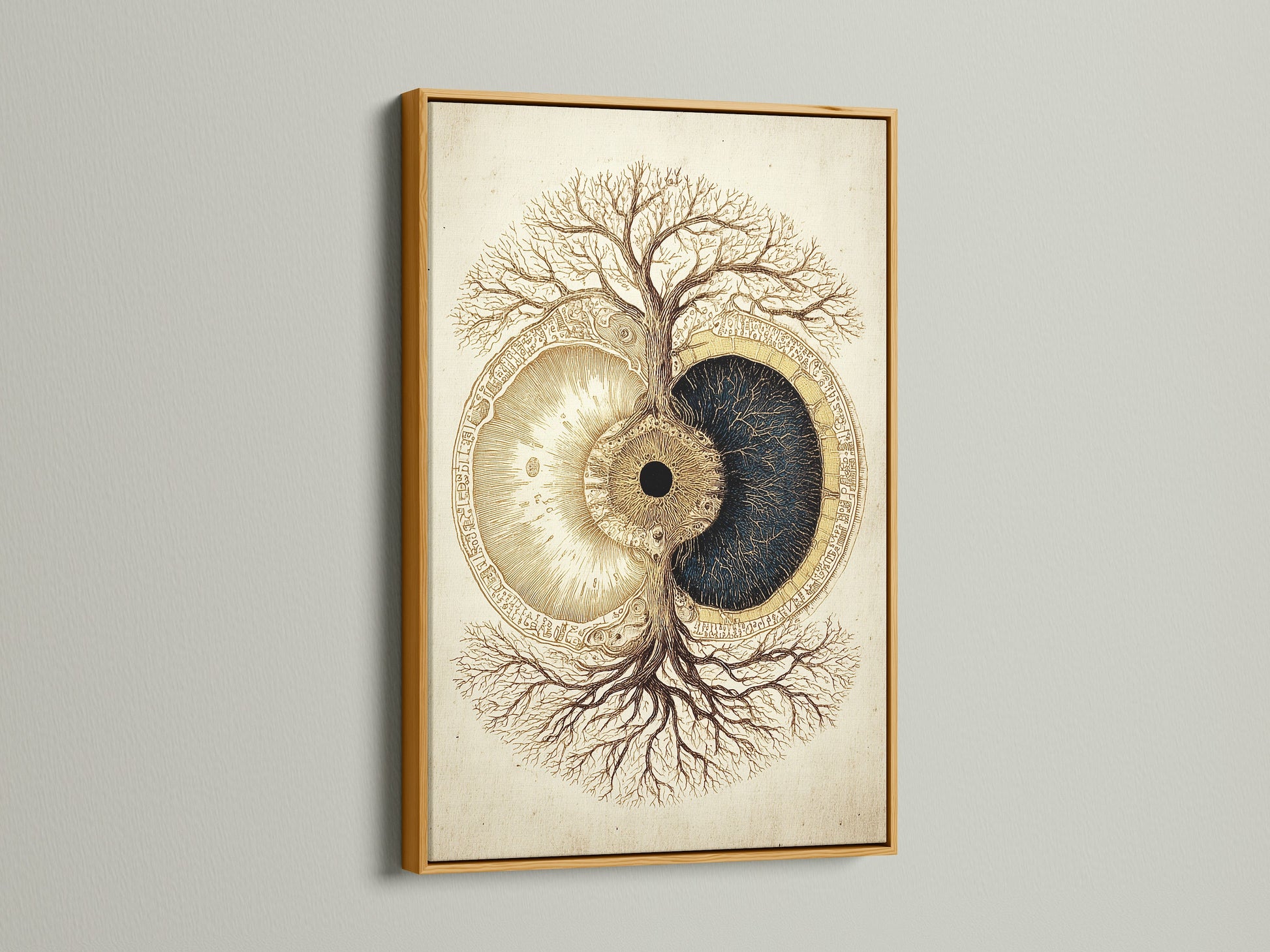 Gold Frame. The gold frame adds a touch of luxury. It enhances the artwork. The artwork features a tree and eye artwork. The gold frame is perfect for adding elegance. It makes the artwork stand out. It brings a touch of glamour to any space.