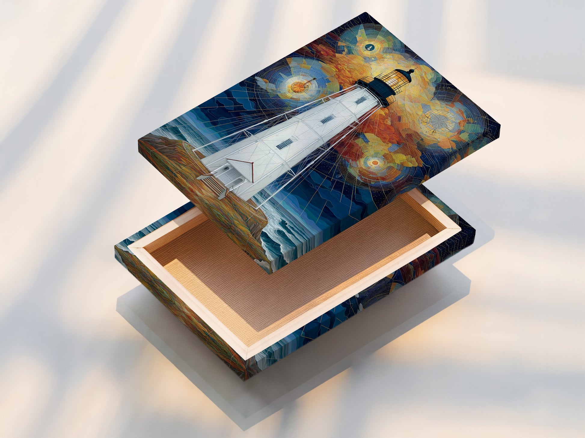 Stretched canvas print of a lighthouse geometric sky artwork. This coastal wall art is ready to hang and enjoy. The stretched canvas provides a gallery-wrapped look. The artwork is perfect for nautical home decor. It is a great addition to living rooms and bedrooms.