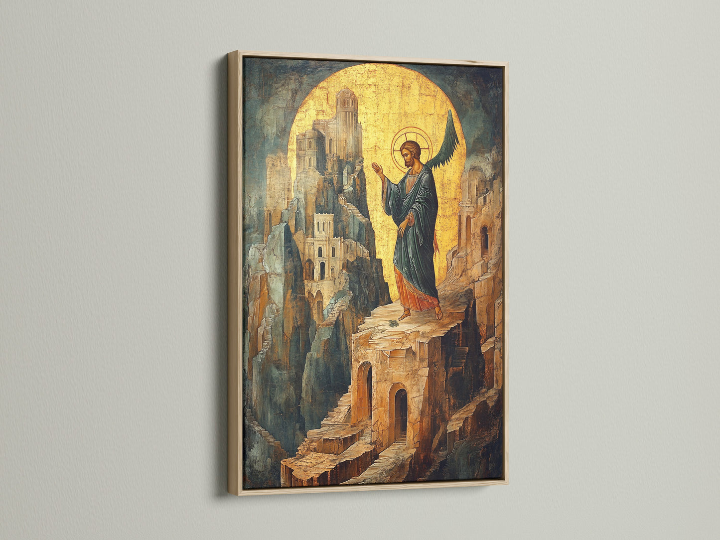 A close up of the Byzantine Angel Art Print in an oak frame. The wood frame is a classic option. Religious Icon Wall Art is perfect for devotees clergy and collectors. Add spiritual wall art to your home today.