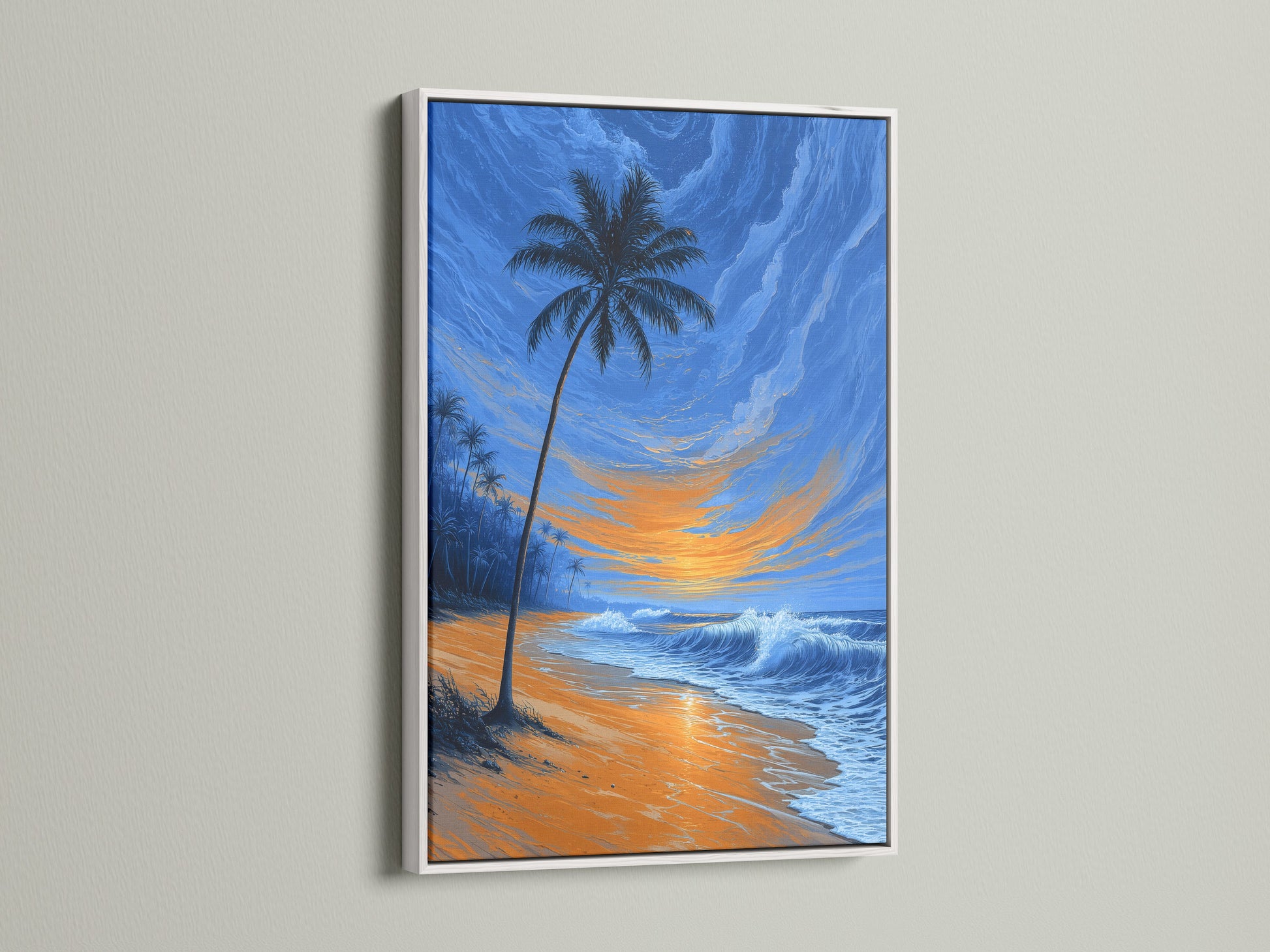 Tropical beach artwork showcasing a palm tree at sunset. The art is framed in a clean white frame. See the gentle ocean waves in this coastal decor. This print is perfect for adding a fresh touch. It brightens any space with beach vibes.