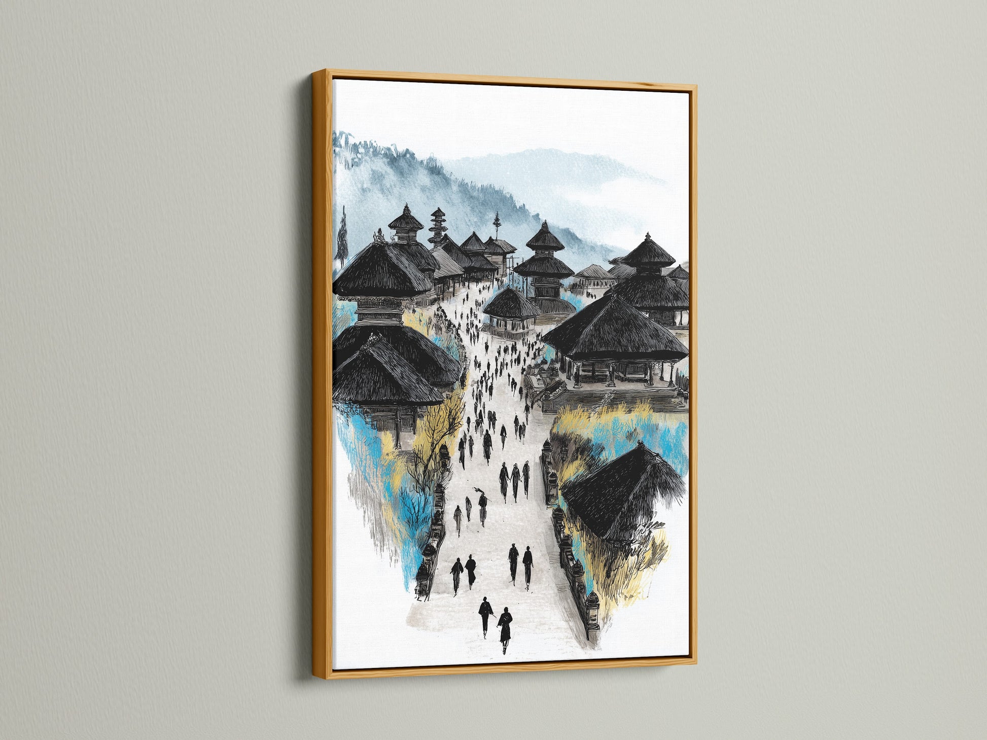 The Balinese Temple artwork is framed in gold. This Asian-inspired piece adds a touch of elegance. The gold frame enhances the spiritual decor. It is perfect for living rooms bedrooms and offices. This travel photography captures the beauty of Southeast Asia.
