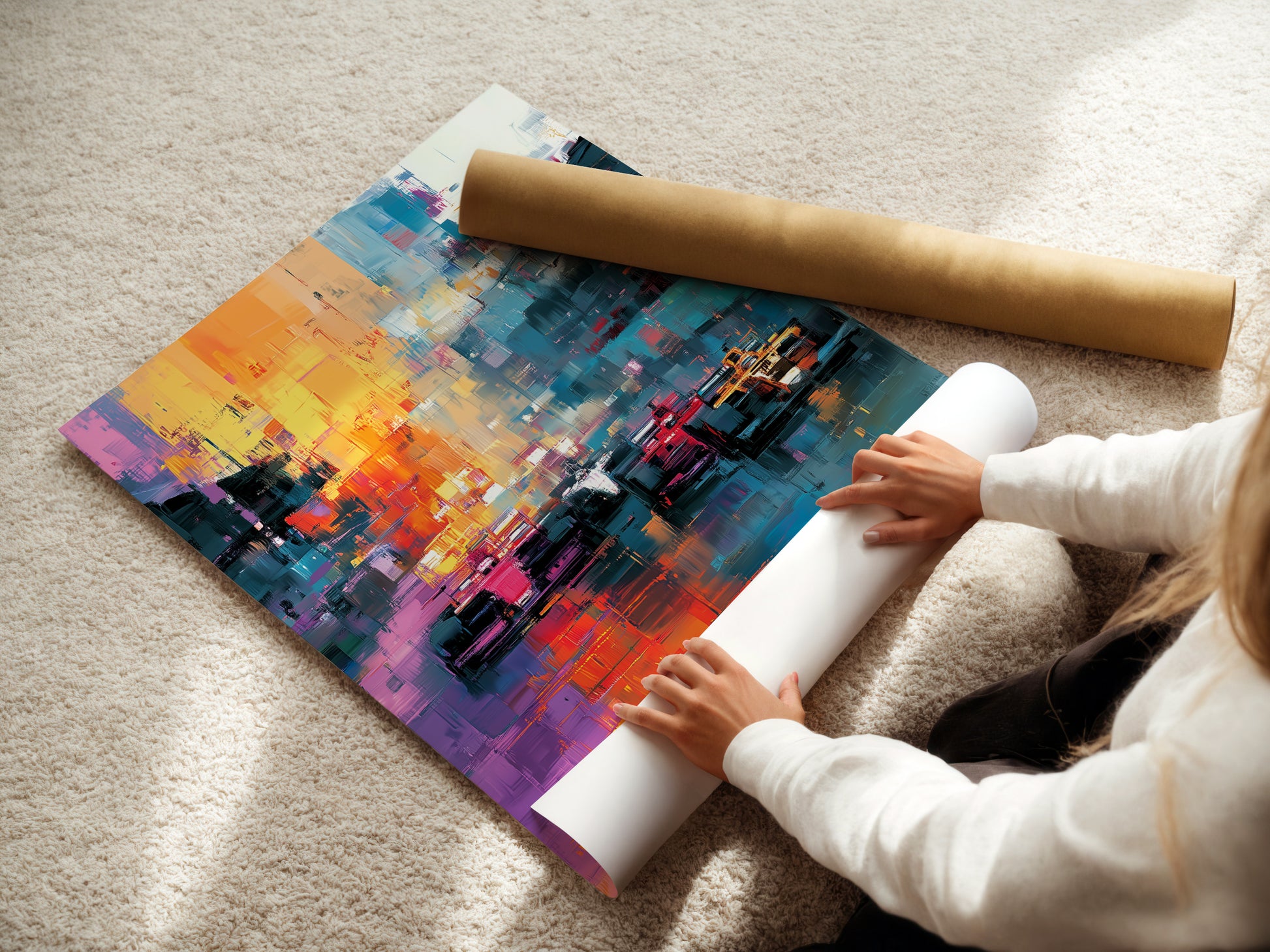 A woman is carefully rolling a fine art poster paper. The poster paper is of high quality. This ensures a smooth surface for art. The poster is ready for framing. Preserving artwork for years to come.