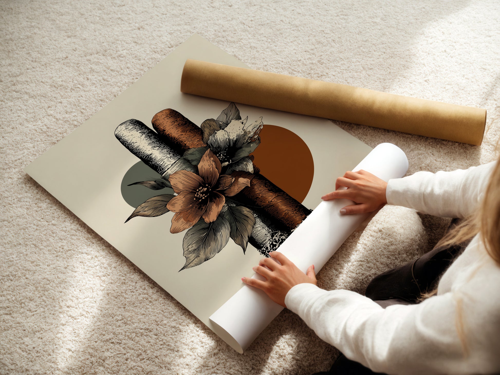 A woman is rolling a fine art poster paper. It is perfect for creating boho floral artwork with cigars. This is perfect Eclectic Wall Decor for a man cave or cigar shop. The primary color is brown and the secondary color is beige.