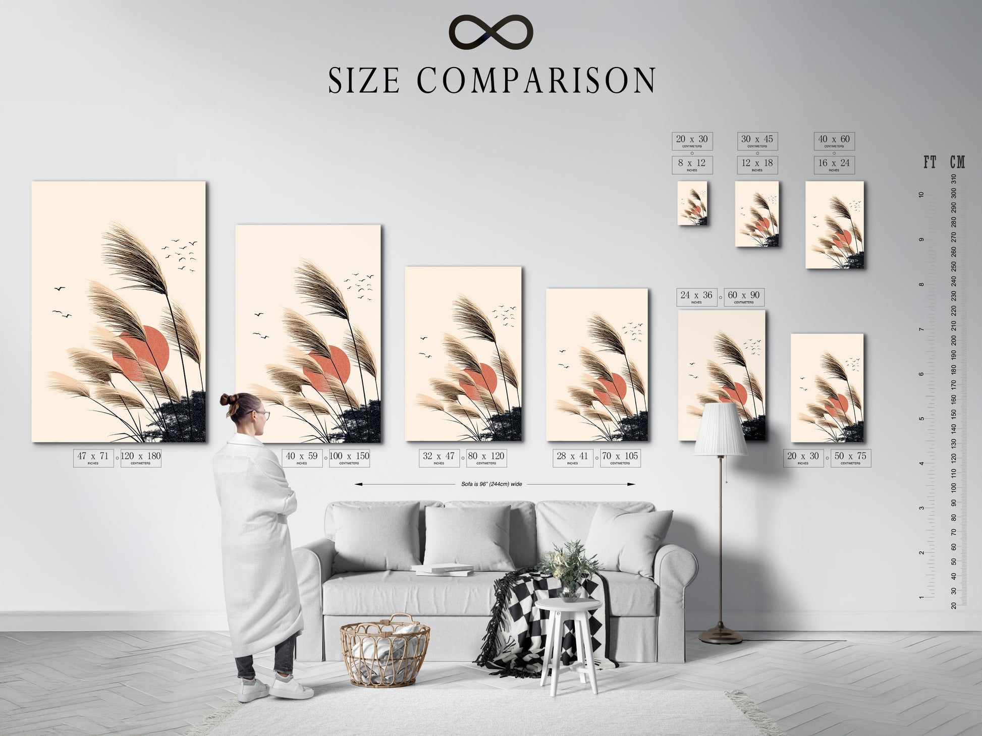 A size comparison chart displayed in an interior setting. Illustrating how the pampas grass artwork fits in various room sizes. This minimalist print is perfect for bedroom wall decor. It allows you to visualize the impact of the boho wall art. The sunset canvas adds a touch of warmth and nature to any space.