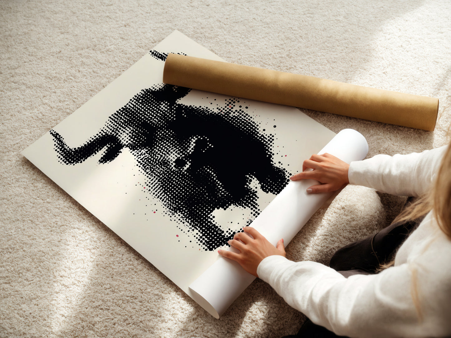 A woman is carefully unrolling a fine art poster paper. The high-quality paper ensures a premium print. Ideal for showcasing detailed artwork. This fine art poster paper is perfect for creating stunning wall art. It's designed to bring out the best in your favorite images. Transform your space with exceptional prints.