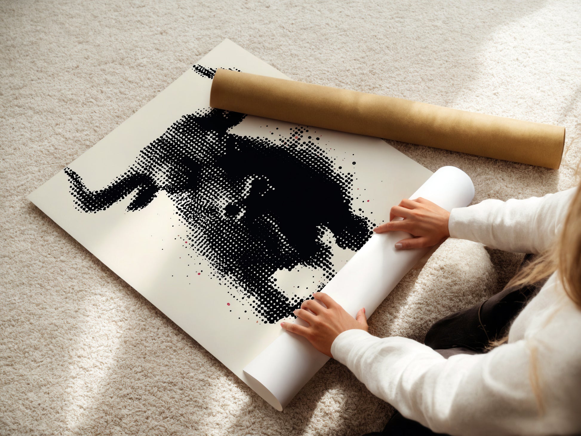 A woman is carefully unrolling a fine art poster paper. The high-quality paper ensures a premium print. Ideal for showcasing detailed artwork. This fine art poster paper is perfect for creating stunning wall art. It's designed to bring out the best in your favorite images. Transform your space with exceptional prints.