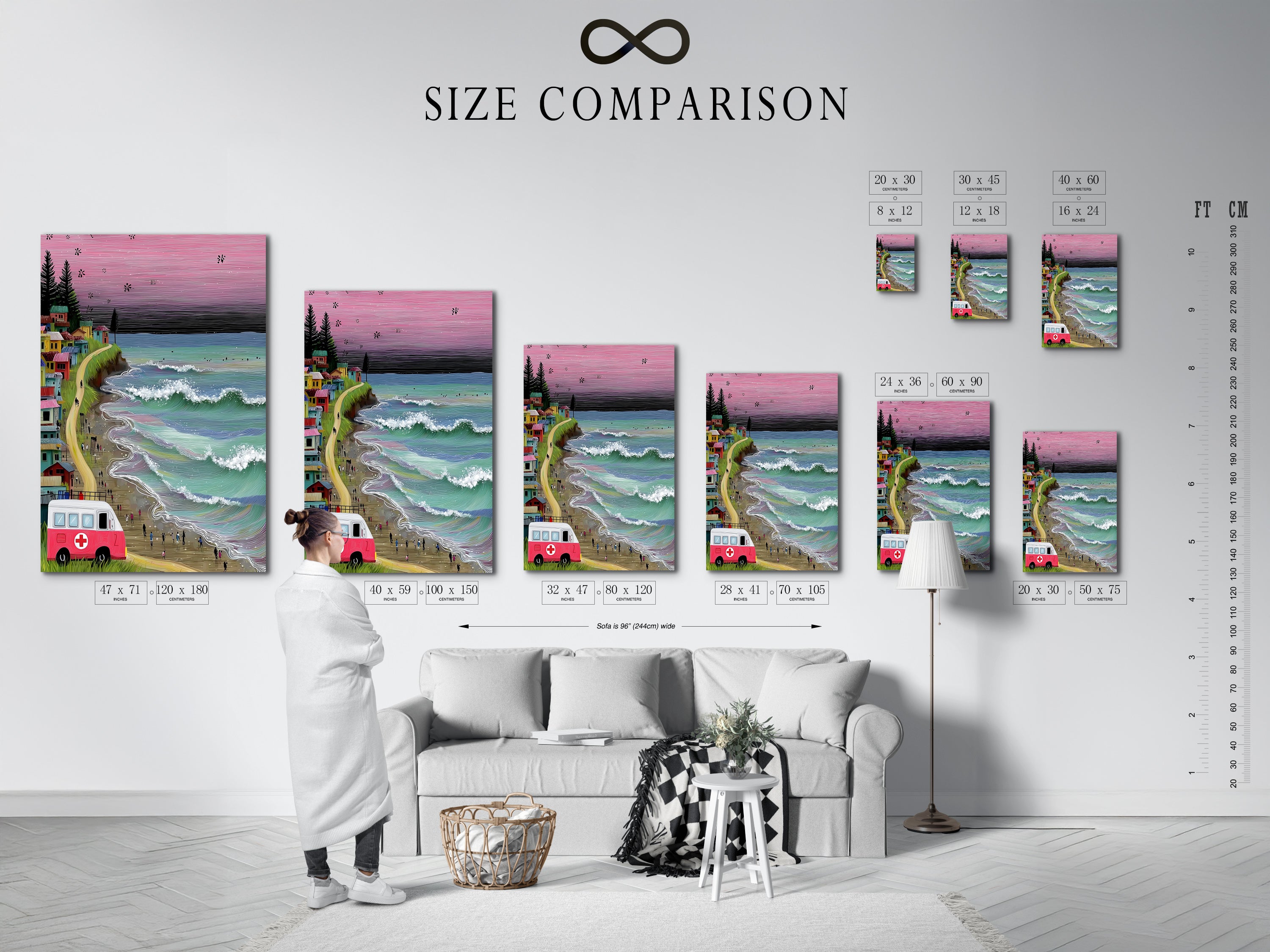 Size comparison chart displayed in an interior setting. The chart shows various sizes of coastal village art prints. Options include vintage van beach wall art. This helps visualize the perfect fit for your space. Choose the ideal size for your whimsical wall art.