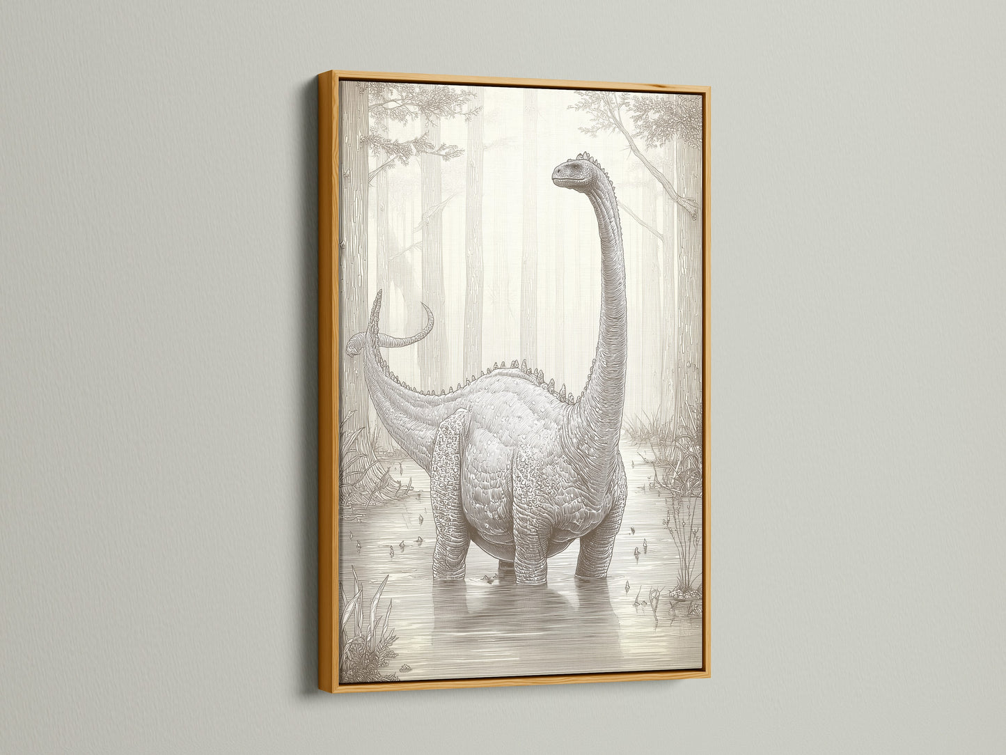 The dinosaur artwork is housed in a gold frame. A gold frame adds a touch of glamour. This frame enhances the artwork's elegance. Perfect for creating a luxurious feel.
