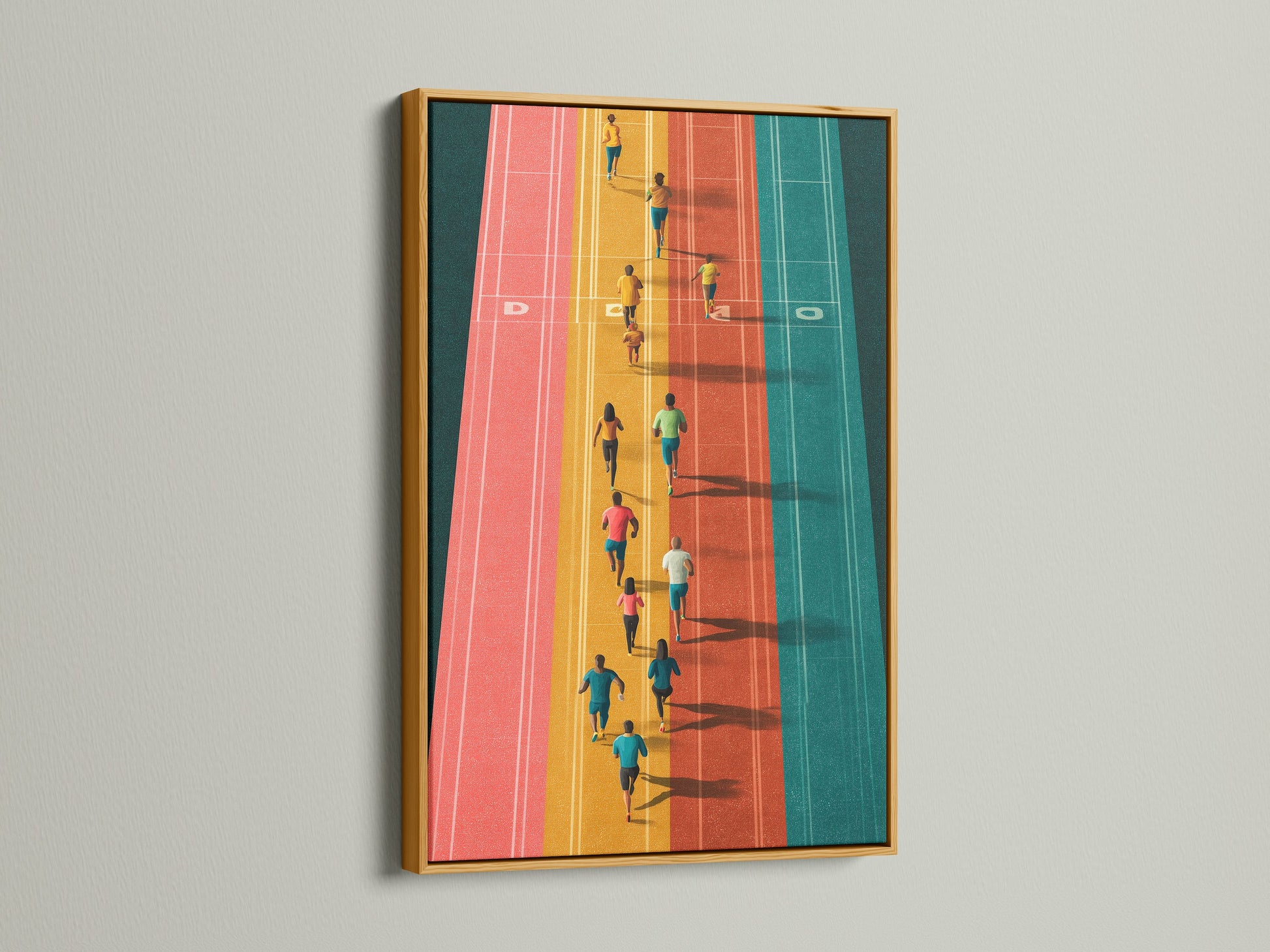 Running track artwork framed in gold. Add a touch of luxury to your space. This aerial sports wall art features athletes in vibrant colors. Perfect for home gym decor or a unique office statement piece.
