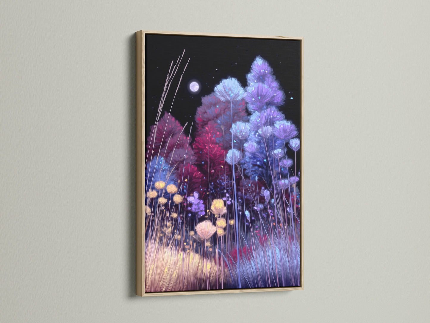 Floral Night Canvas artwork with an oak frame. The indigo and violet hues bring a modern touch to this flower field print. Elevate your bedroom wall decor with this botanical artwork. It is ideal for creating a serene atmosphere.