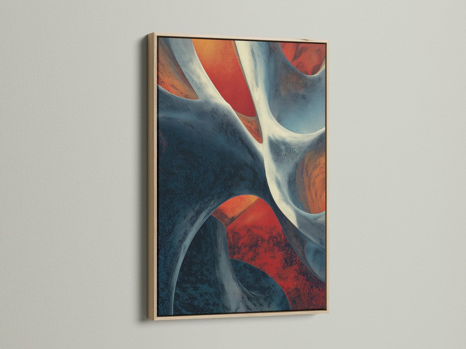 Abstract artwork in an oak frame displayed on a wall. The frame enhances the artwork's visual appeal. The oak frame adds a touch of natural warmth to the space. Perfect for living rooms bedrooms and offices.