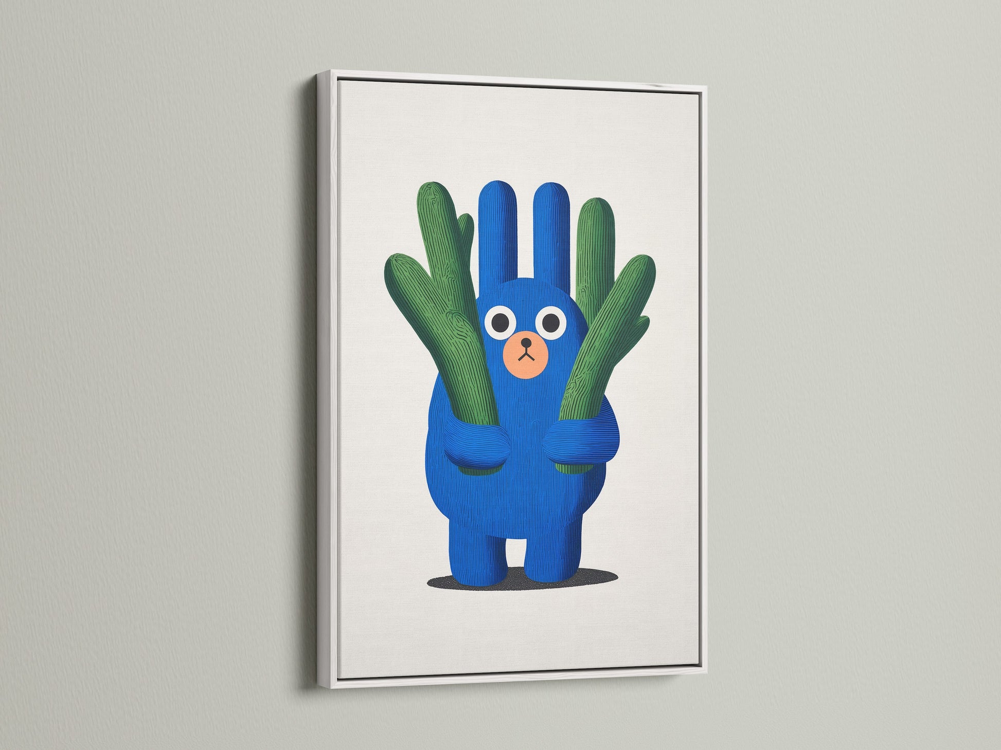 A delightful cactus artwork print is presented in a clean white frame. This whimsical nursery piece is perfect for kids room decor. The blue green art complements any baby room. It is a great addition to a modern nursery art collection.