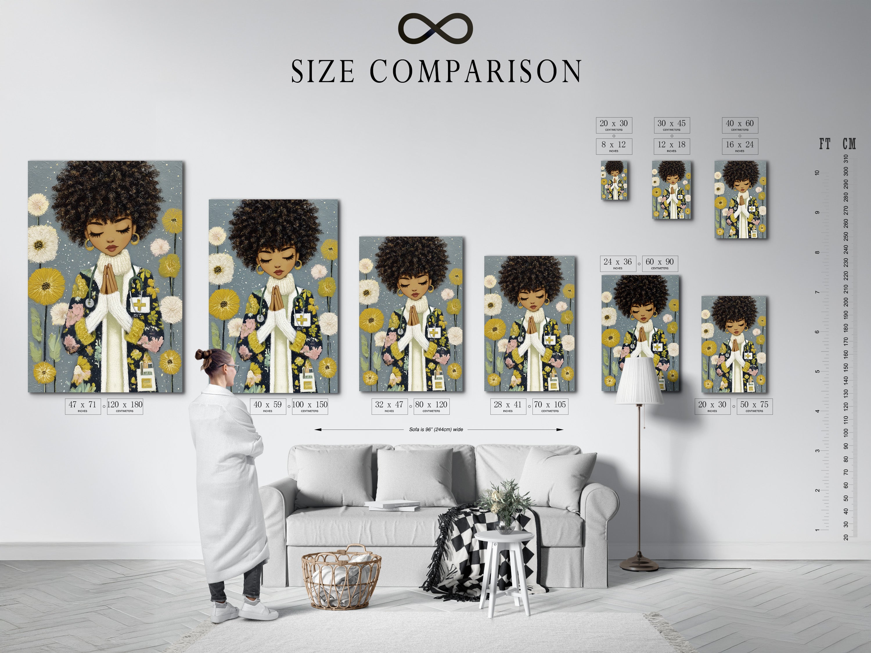 An interior size comparison chart featuring the Black Girl Prayer Art Print. Visualize the perfect fit for your space. This African American art enhances any room. Choose the ideal size for your spiritual decor.