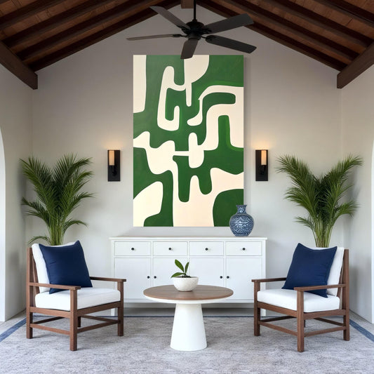 미니멀리스트 벽 예술 - 베이지색 에메랄드 그린 추상 기하학적 캔버스 프린트, 수직 유기적 모양 그림, 대형 특대형 벽 예술 장식