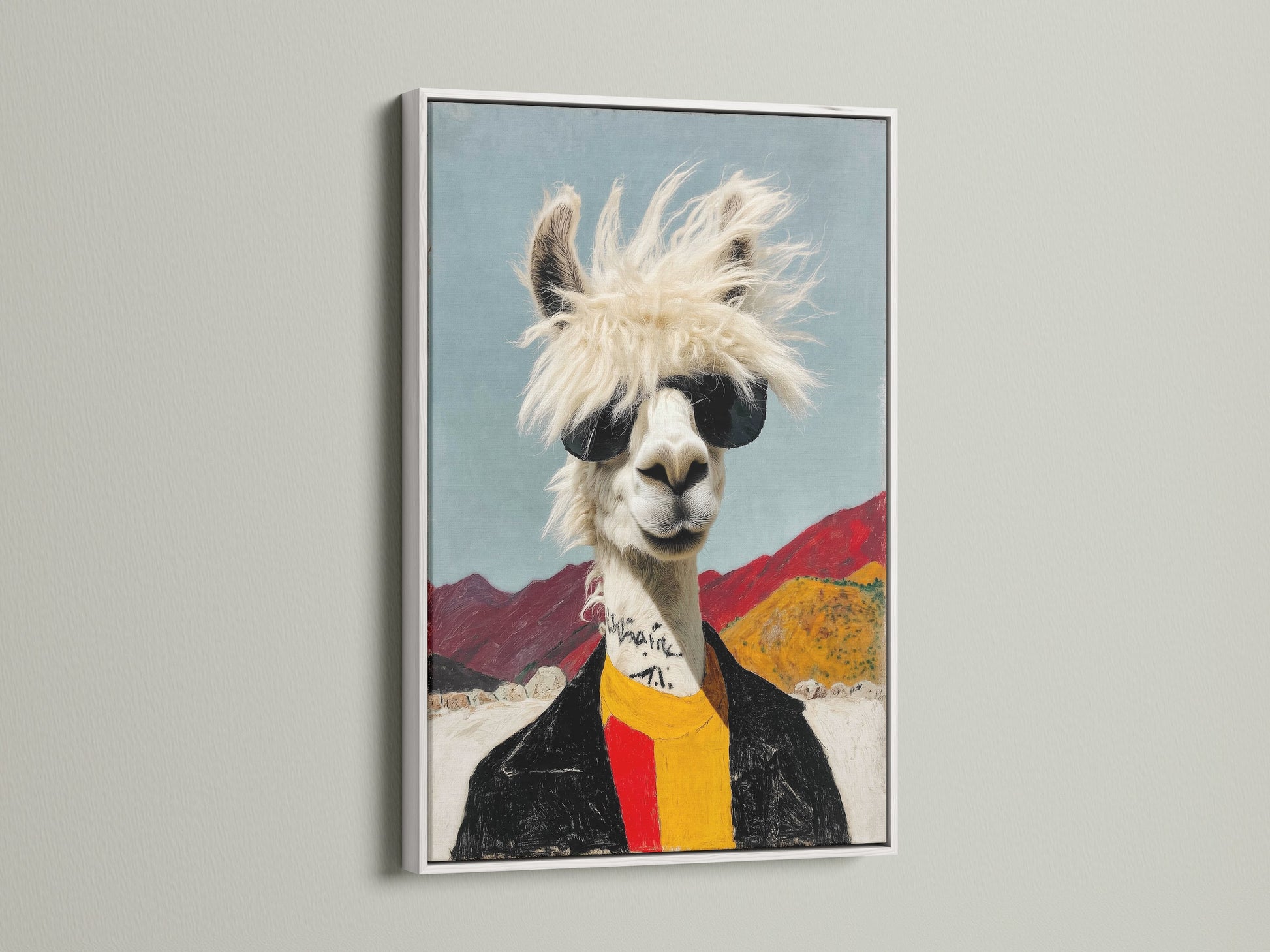 Elevate your space with our cool llama artwork. This quirky animal wall art features a llama with sunglasses. The white frame enhances this funny alpaca canvas. A trendy wall decor choice.