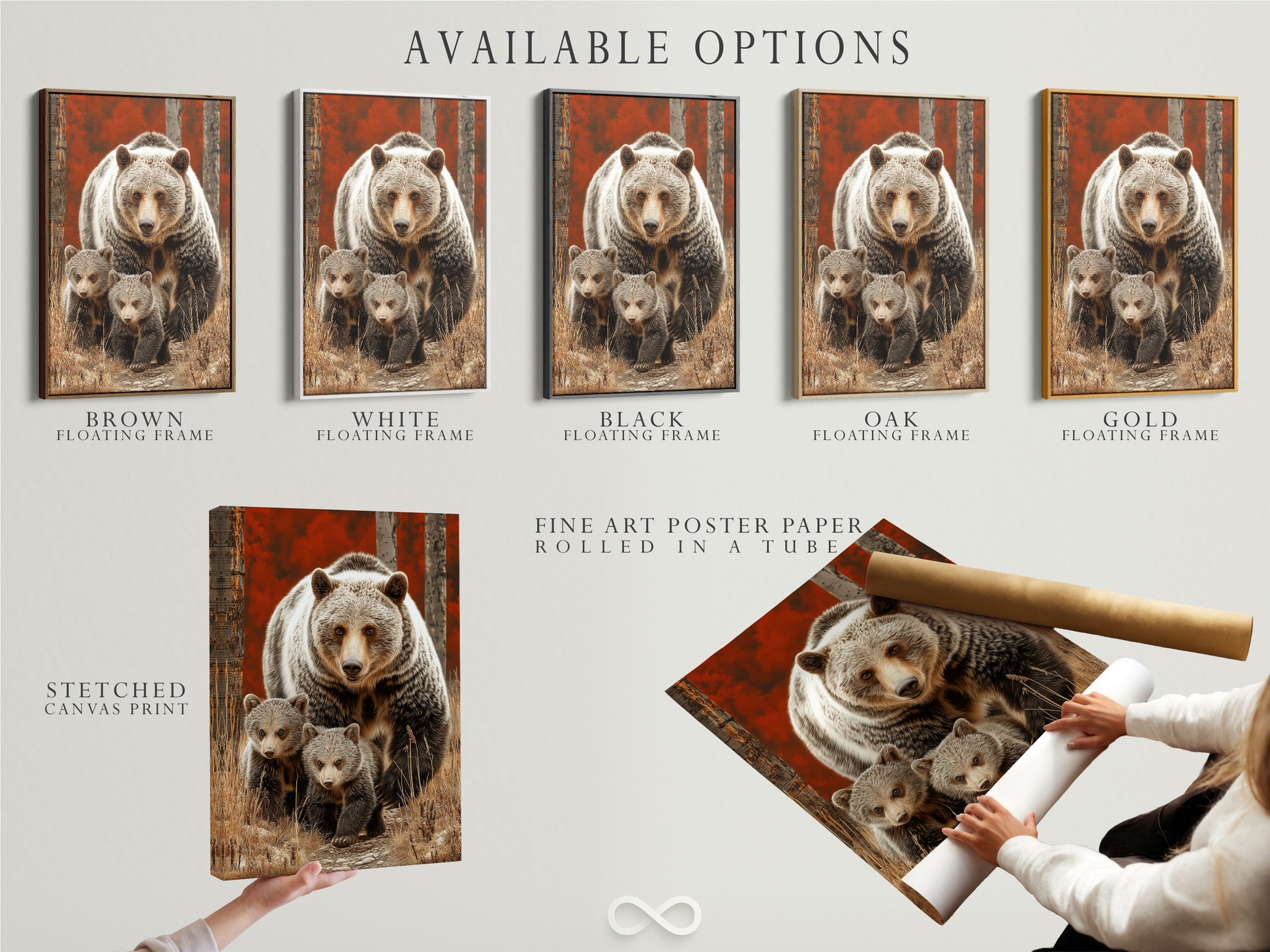 Available options for the Grizzly Bear artwork. Choose between a stretched canvas print fine art poster paper or a floating frame. Find the perfect style for your cabin art and animal wall decor. Personalize your nature prints.