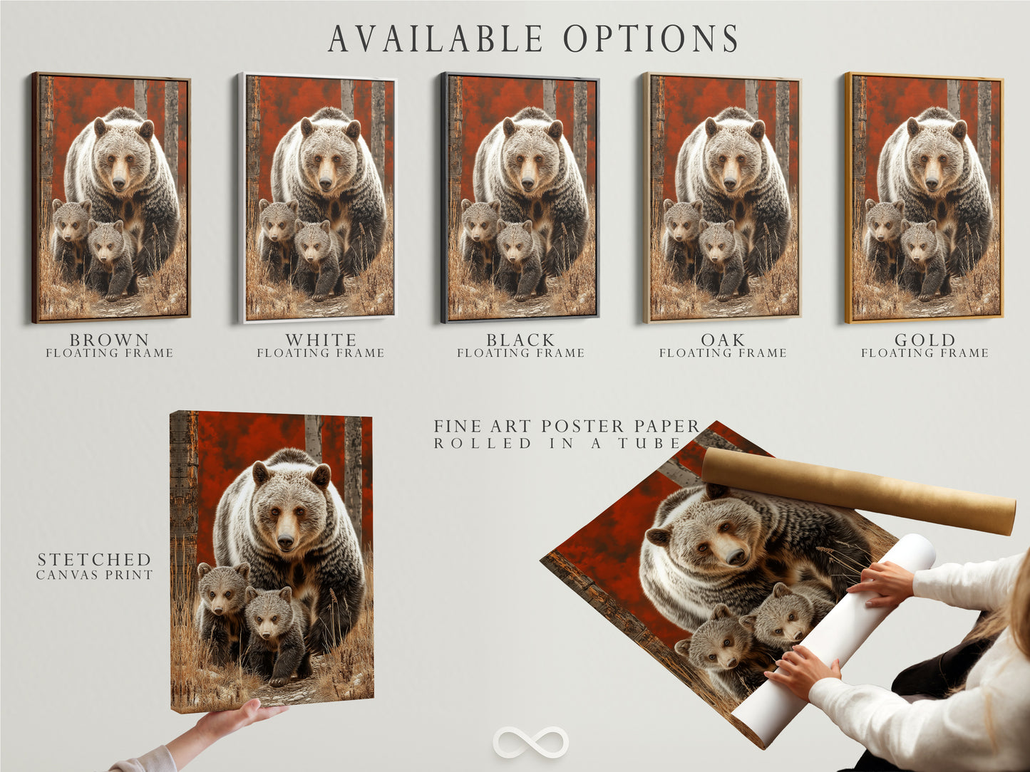 Available options for the Grizzly Bear artwork. Choose between a stretched canvas print fine art poster paper or a floating frame. Find the perfect style for your cabin art and animal wall decor. Personalize your nature prints.