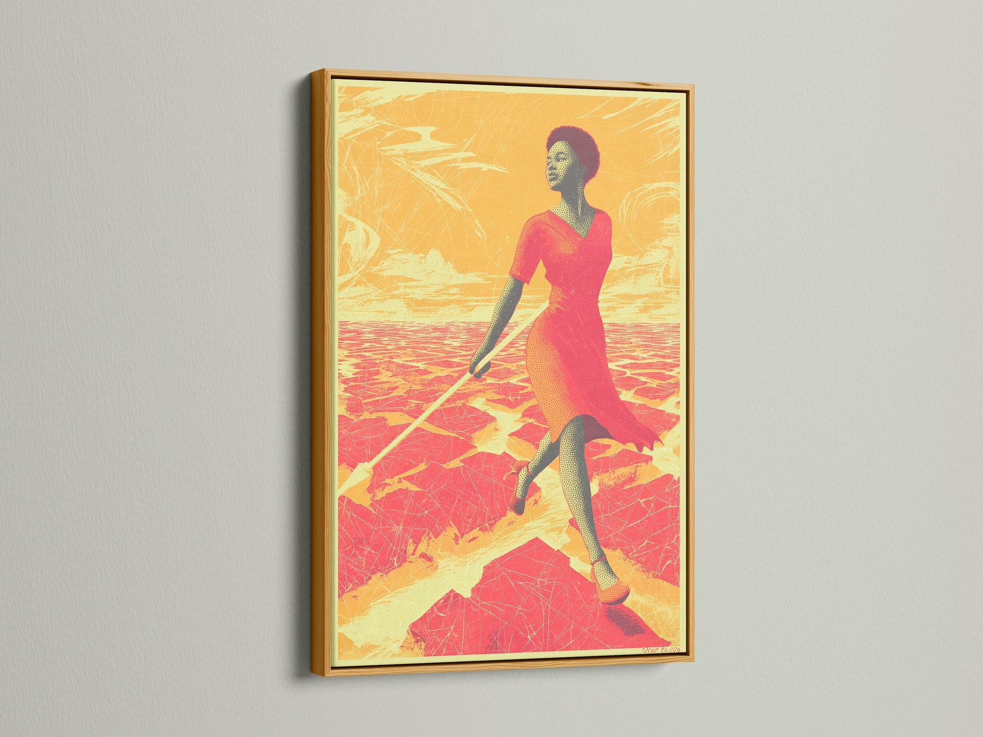 The African Woman Art Print is showcased in a gold frame. The artwork presents a captivating desert sunset canvas. This piece brings warmth and sophistication to your home. A perfect modern canvas art.