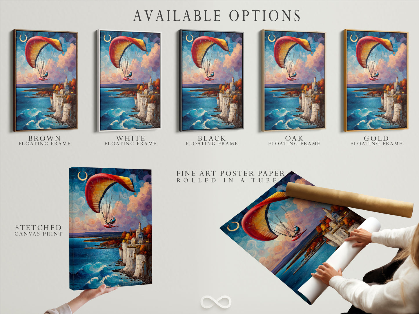 Available options for the paragliding artwork are displayed. Options include stretched canvas print fine art poster paper and floating frame. Each option caters to different preferences and styles. Select the perfect format to match your decor. Add a touch of coastal charm to your space with these versatile options. The artwork brings adventure to your walls.